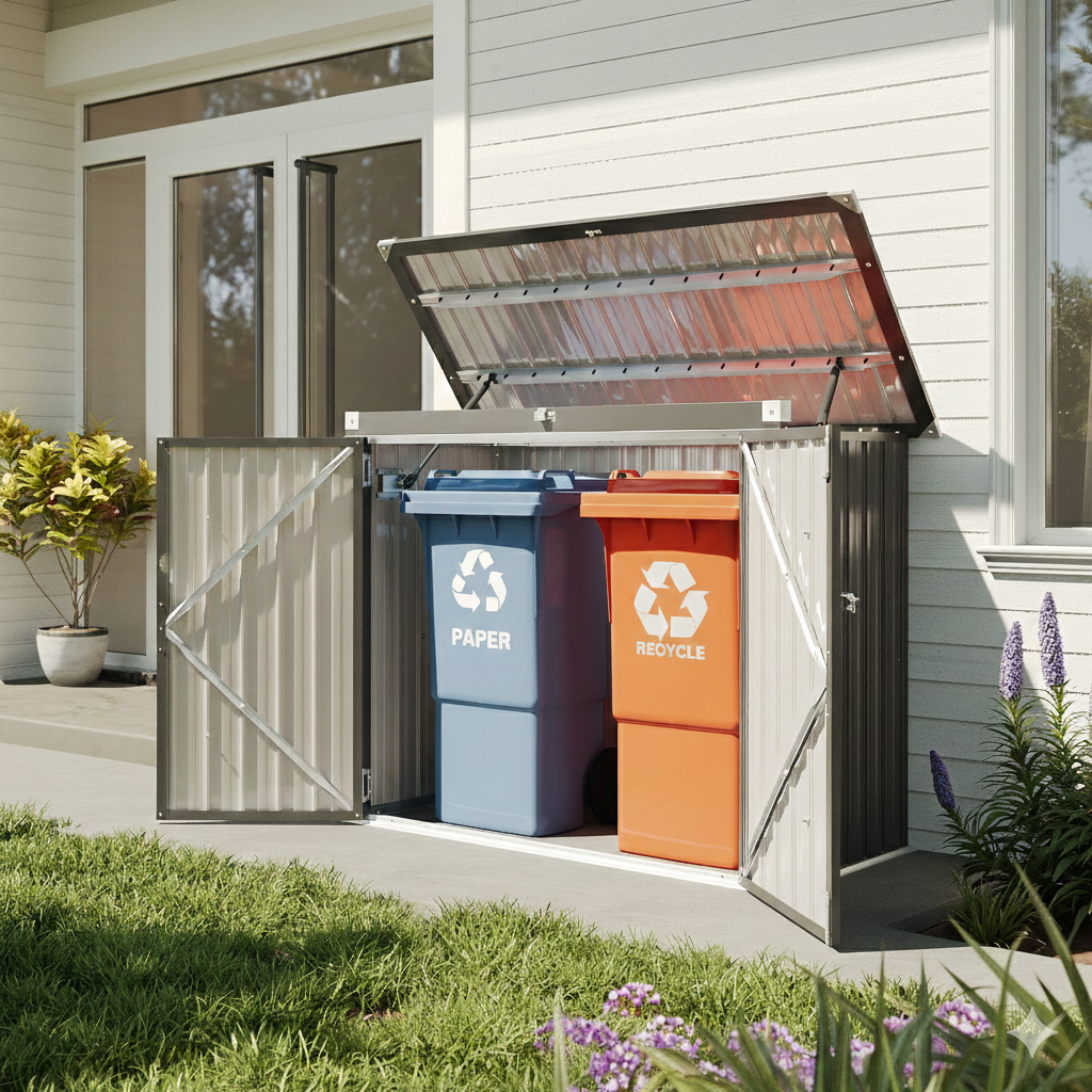 50 Cu. Ft Outdoor Trash Can Shed with Pneumatic Support Rod, 5x2.6 Ft Outdoor Storage Shed w/Lockable Doors & Waterproof Lid Chain,Ideal for 2 Trash Bins for Patio/Garden/Backyard