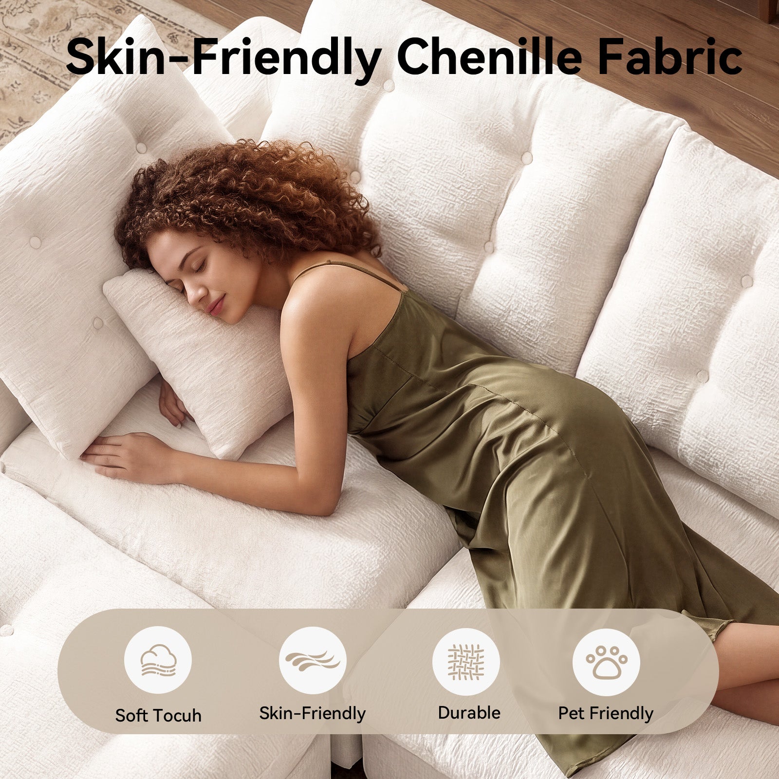 Nordivale 112" Boneless Couch Chenille Cloud Couch Oversized Modular Sectional Sofa with Storage Pockets for Living Room, Bedroom, No Assembly Required, L-shape with Ottoman+3 Seater (Beige)