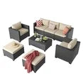 YardCache 6 Piece Outdoor Wicker Patio Furniture Set, Rattan Sectional Sofa Sets Beige