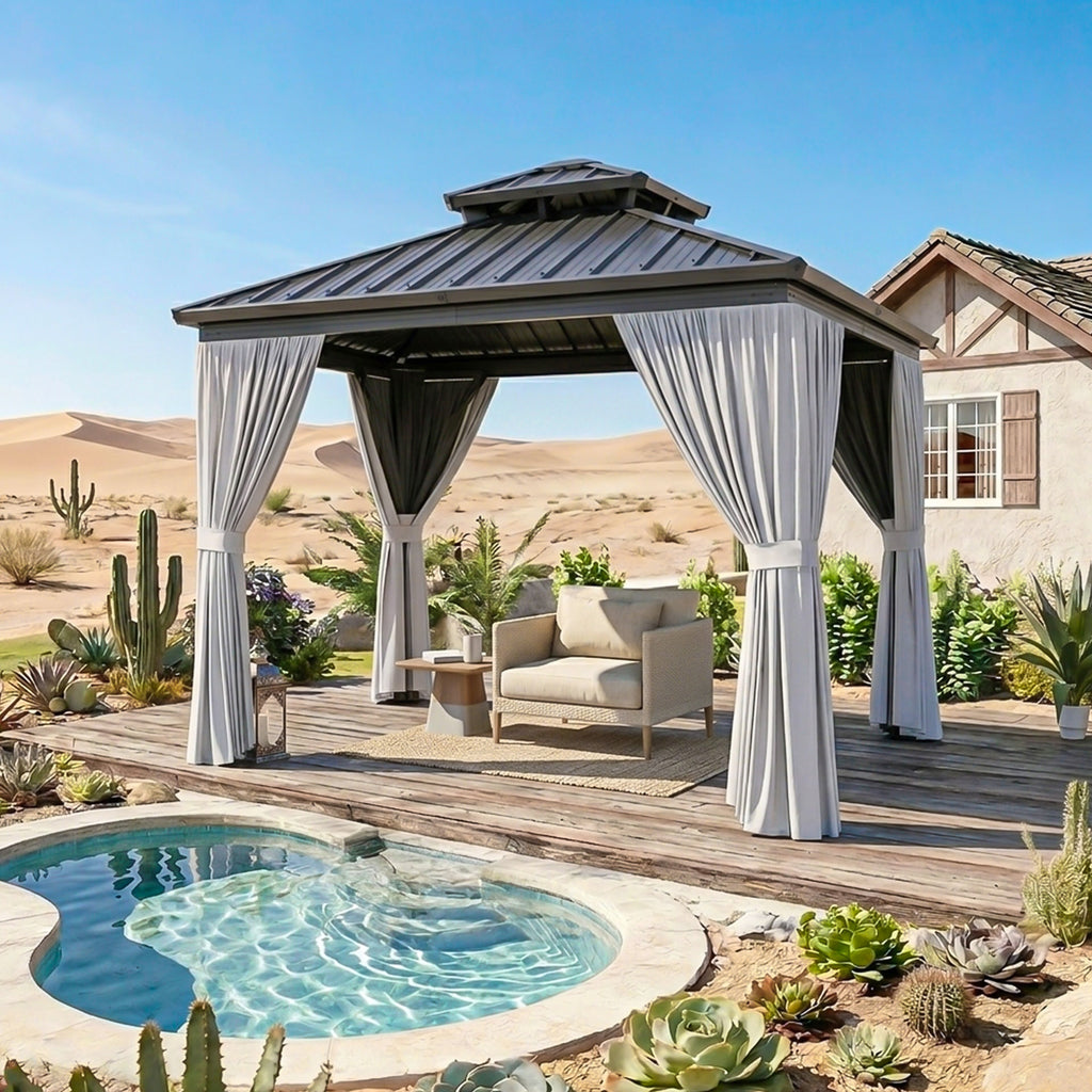 Breezestival Hardtop Gazebo, Metal Frame with Double Galvanized Steel Roof, Permanent Outdoor Pergola with Curtains and Netting Included for Backyard, Patio, Lawn and Garden