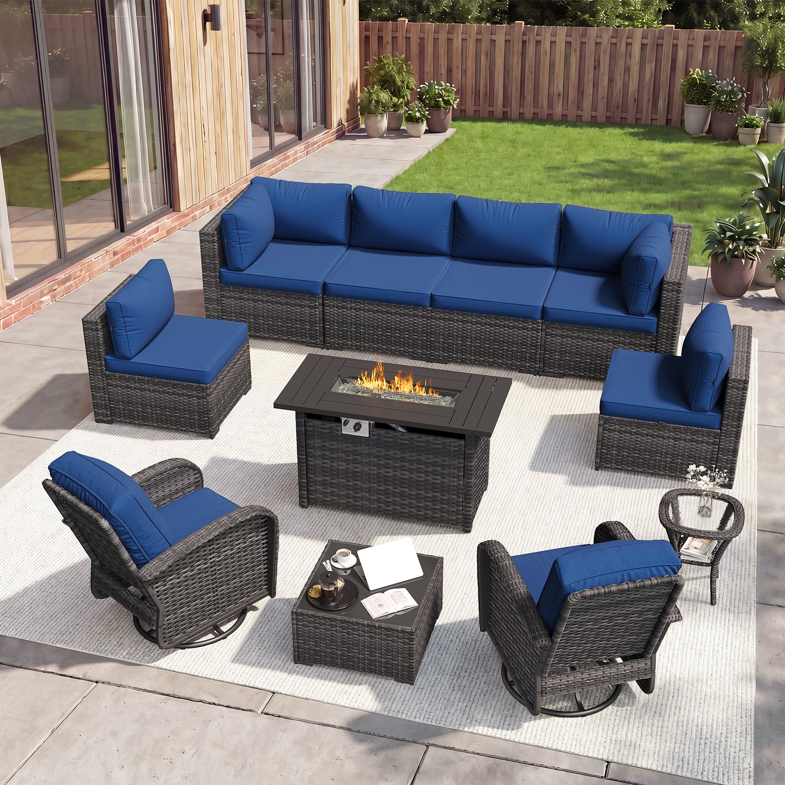 Aoxun 11 Piece Outdoor Patio Furniture Set with 44'' Fire Pit Table, Wicker Rattan Outdoor Furniture with High Back Swivel Rocker Chairs, Outdoor Sofa Set with Thick Cushion & Side Table
