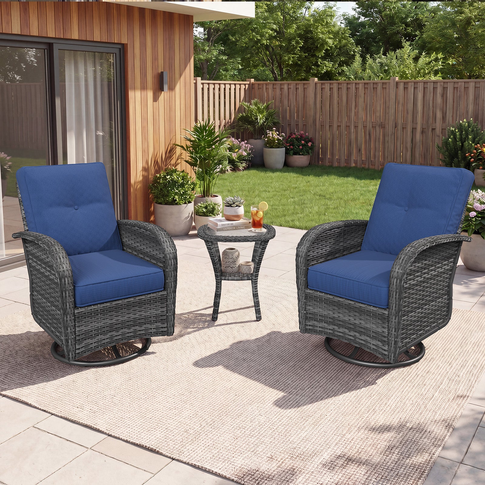 Aoxun 3 Piece Outdoor Patio Furniture Set with Side Table, Outdoor Patio Furniture Sets with High Back Swivel Rocker Chairs, Outdoor Sofa Set with Ottoman for Backyard & Garden