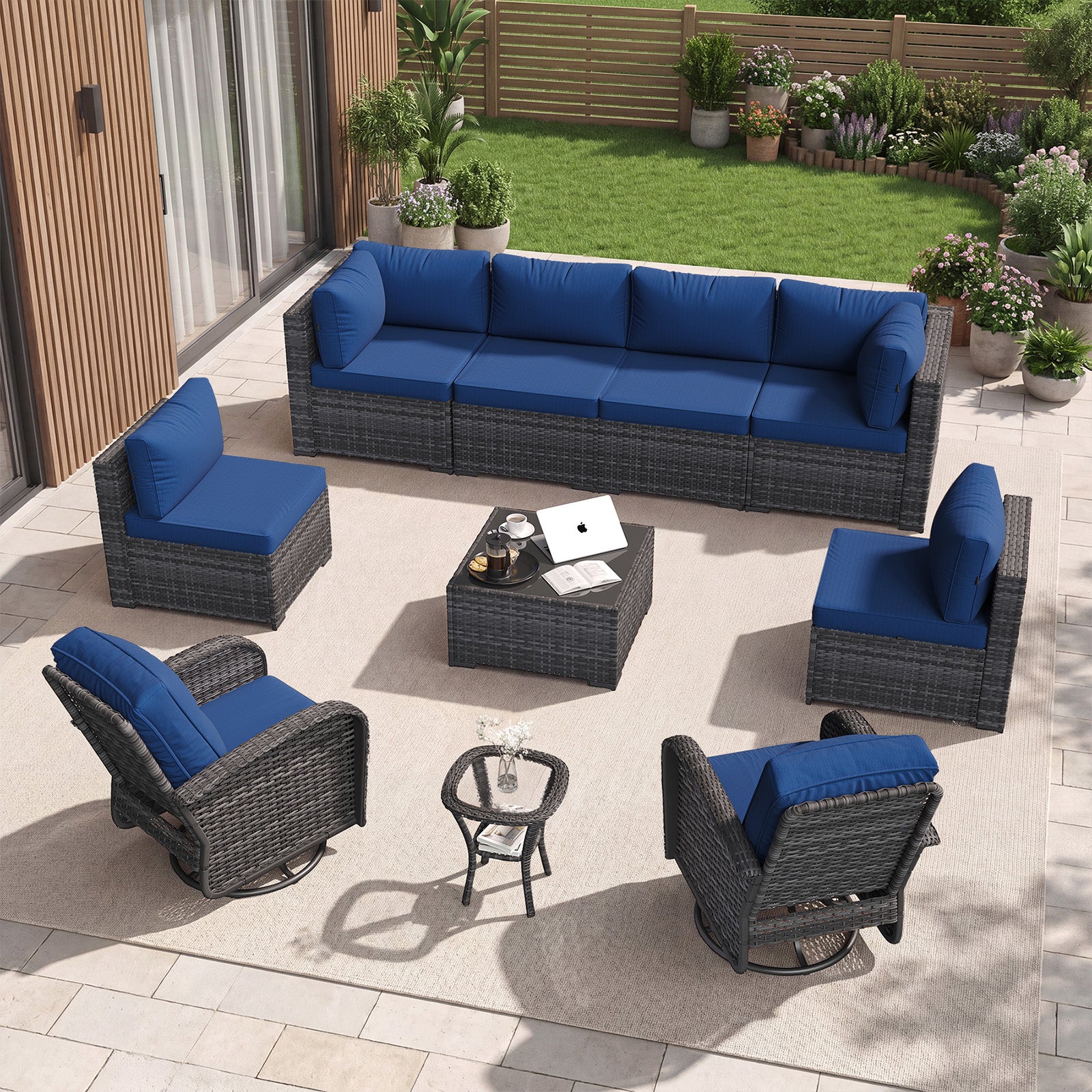 Aoxun 10 Piece Outdoor Patio Furniture Set with Coffee Table, Wicker Rattan Outdoor Furniture with High Back Swivel Rocker Chairs, Outdoor Conversation Set with Thick Cushion & Ottoman