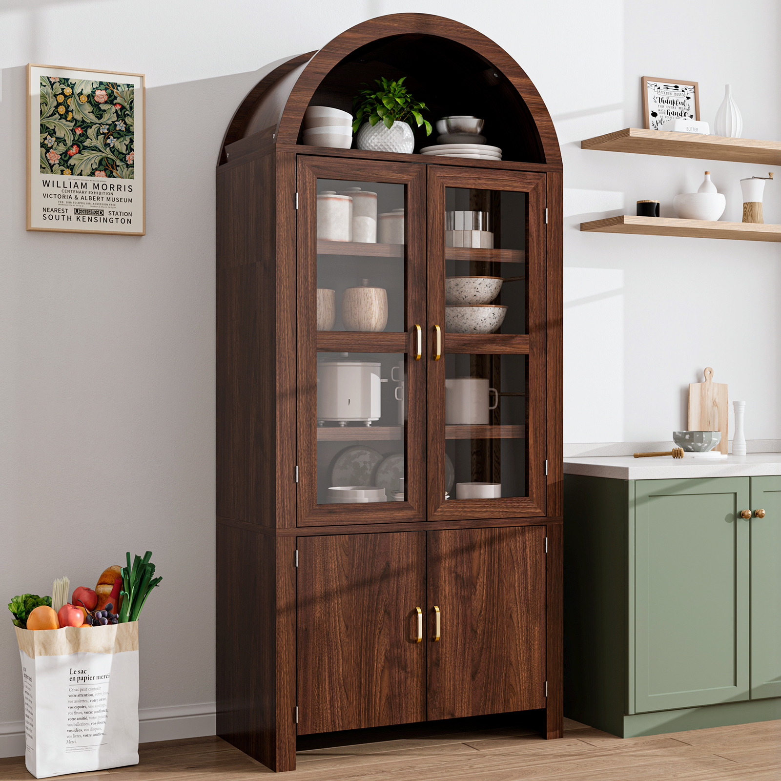 Tall Arched Kitchen Pantry, Modern Farmhouse Wood Kitchens Storage Cabinets