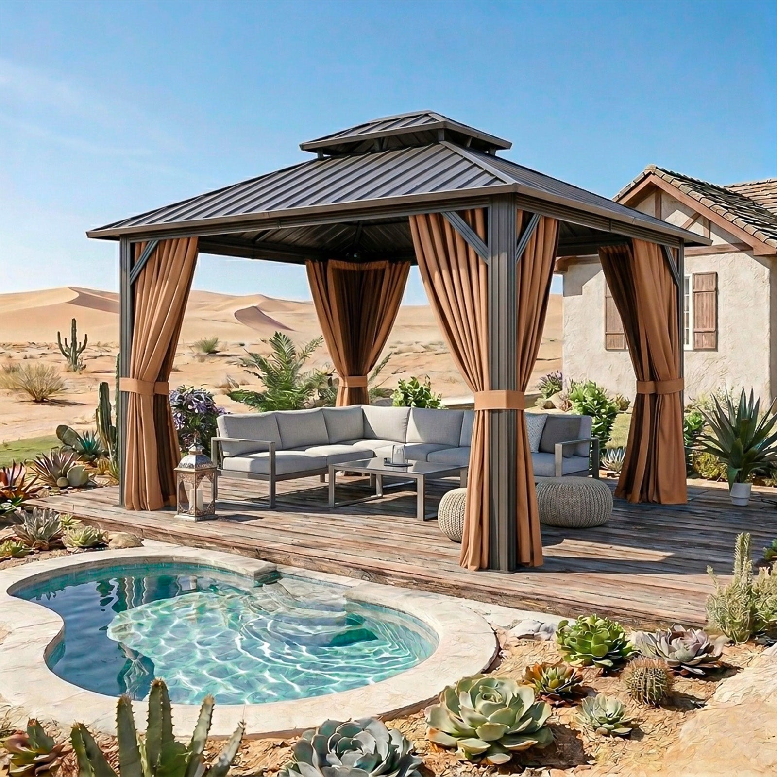 Breezestival Hardtop Gazebo, Metal Frame with Double Galvanized Steel Roof, Permanent Outdoor Pergola with Curtains and Netting Included for Backyard, Patio, Lawn and Garden