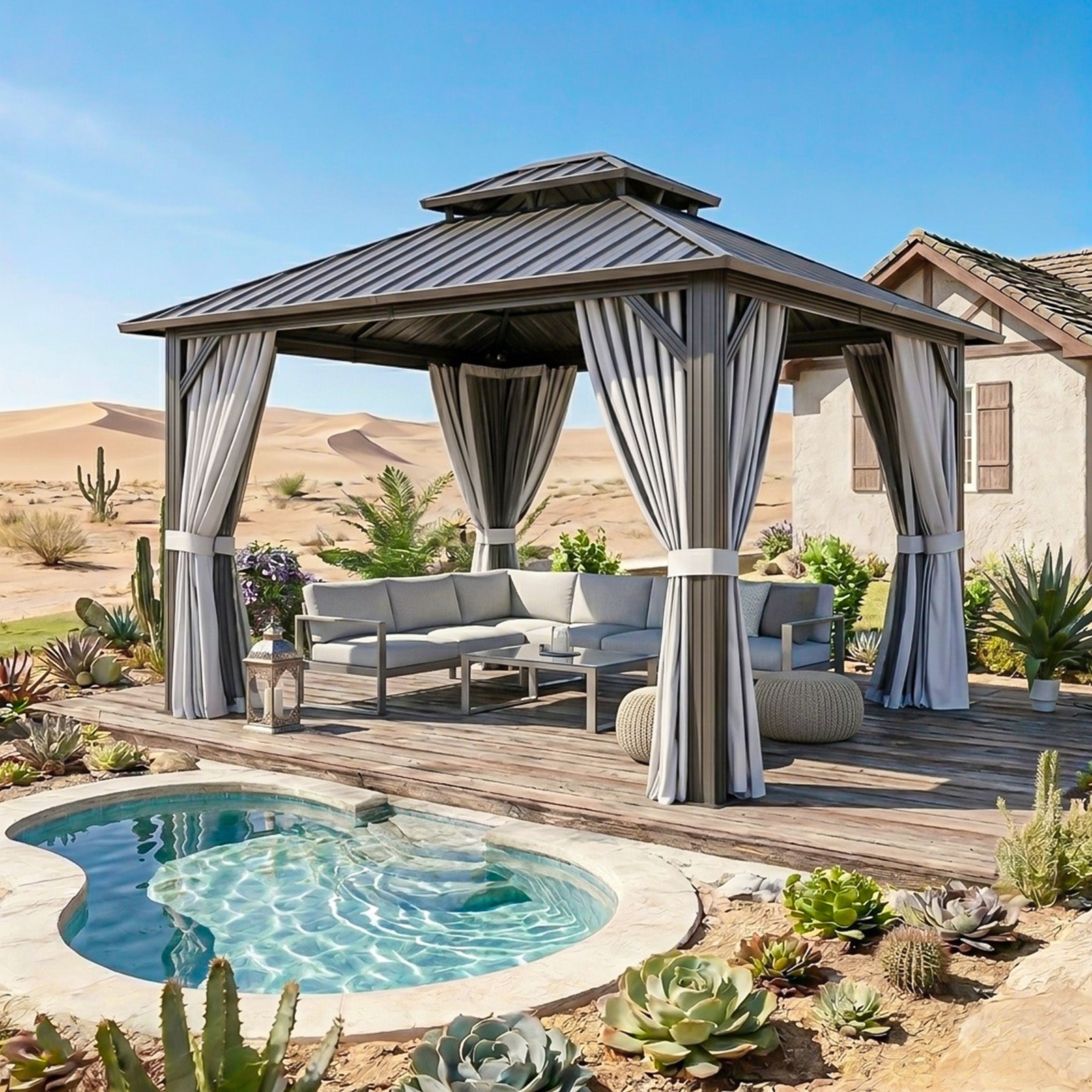 Breezestival Hardtop Gazebo, Metal Frame with Double Galvanized Steel Roof, Permanent Outdoor Pergola with Curtains and Netting Included for Backyard, Patio, Lawn and Garden
