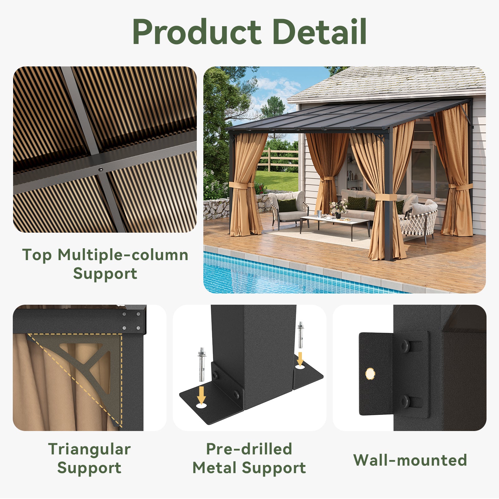 Aoxun 10'x14' Lean to Gazebo with Mosquito Net and Curtains, Aluminum Frame, Polycarbonate Panel, Wall Mounted Pergola with Sloped Roof for Backyard, Porch, Deck