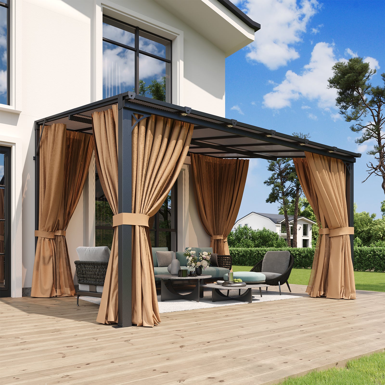 Aoxun 10'x14' Lean to Gazebo with Mosquito Net and Curtains, Aluminum Frame, Polycarbonate Panel, Wall Mounted Pergola with Sloped Roof for Backyard, Porch, Deck