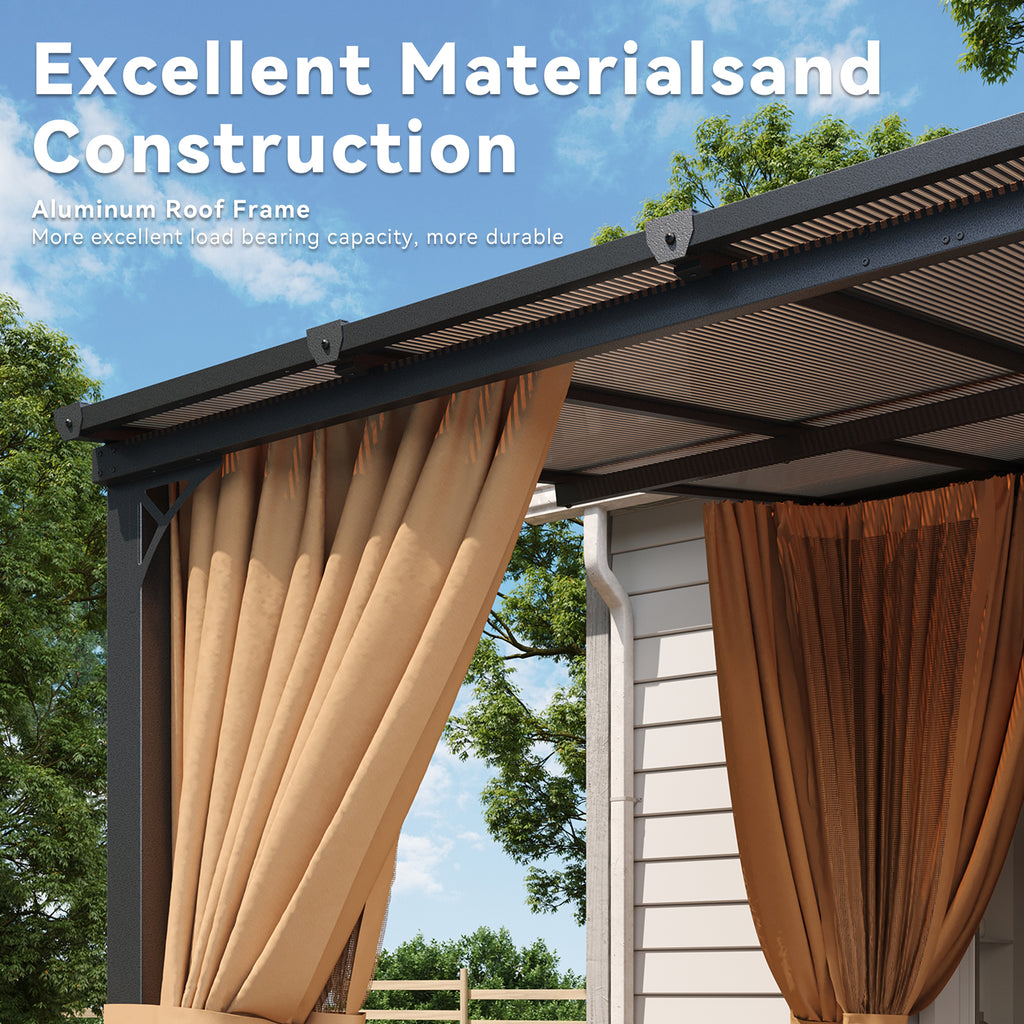 Aoxun 10'x14' Lean to Gazebo with Mosquito Net and Curtains, Aluminum Frame, Polycarbonate Panel, Wall Mounted Pergola with Sloped Roof for Backyard, Porch, Deck