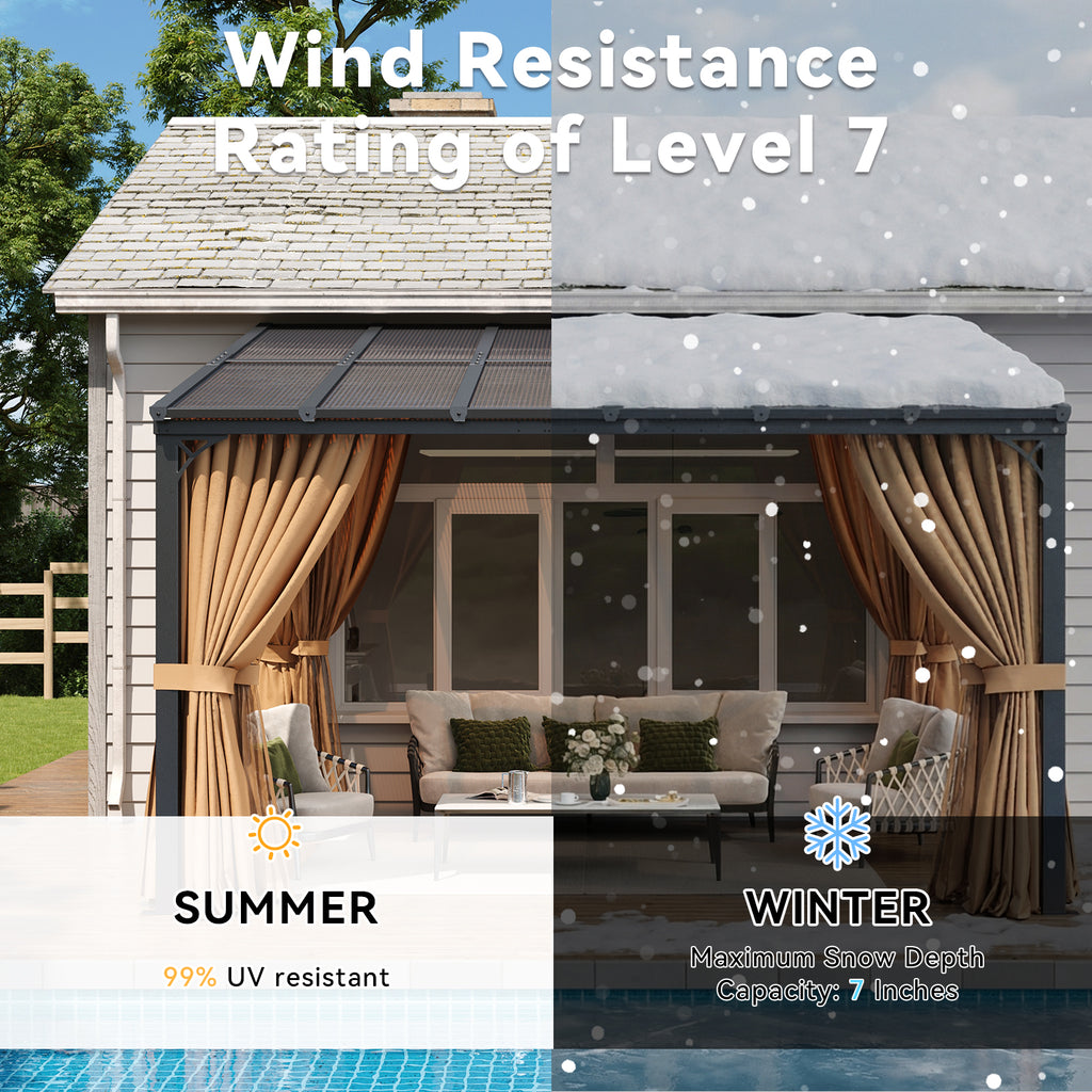 Aoxun 10'x14' Lean to Gazebo with Mosquito Net and Curtains, Aluminum Frame, Polycarbonate Panel, Wall Mounted Pergola with Sloped Roof for Backyard, Porch, Deck