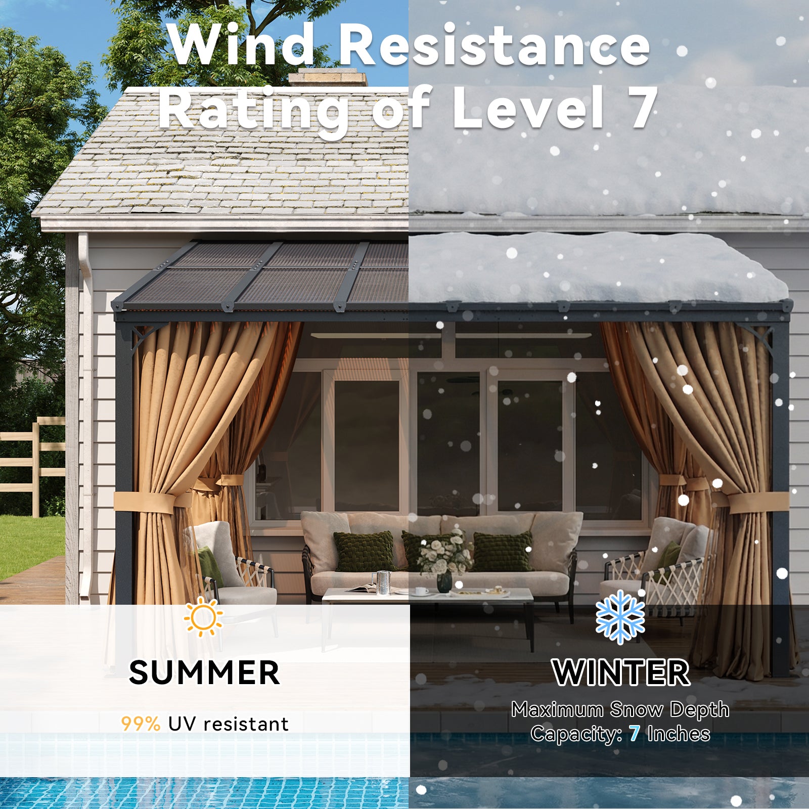 Aoxun 10'x14' Lean to Gazebo with Mosquito Net and Curtains, Aluminum Frame, Polycarbonate Panel, Wall Mounted Pergola with Sloped Roof for Backyard, Porch, Deck