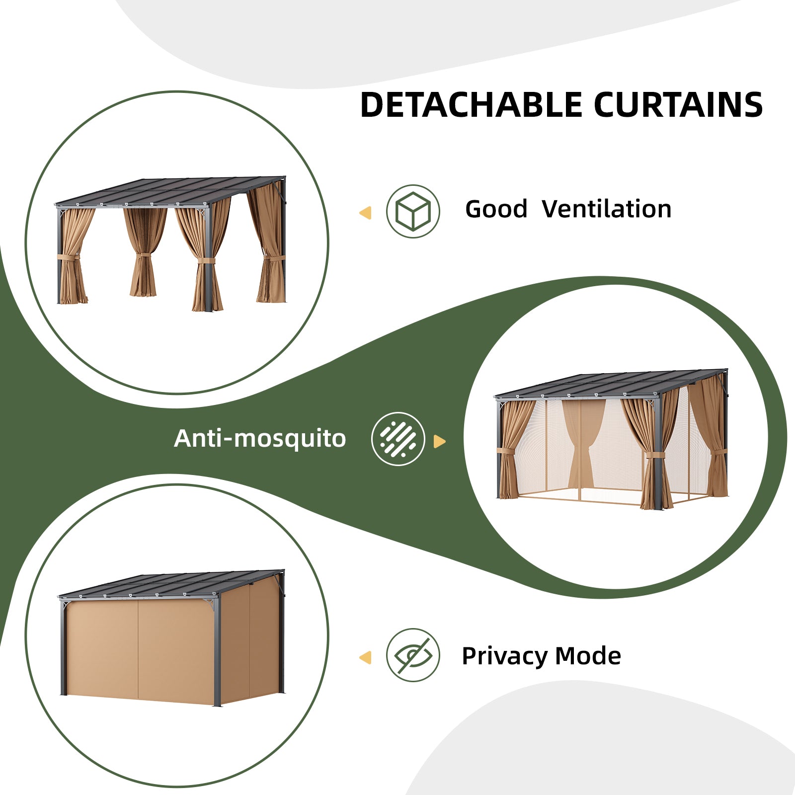 Aoxun 10'x14' Lean to Gazebo with Mosquito Net and Curtains, Aluminum Frame, Polycarbonate Panel, Wall Mounted Pergola with Sloped Roof for Backyard, Porch, Deck