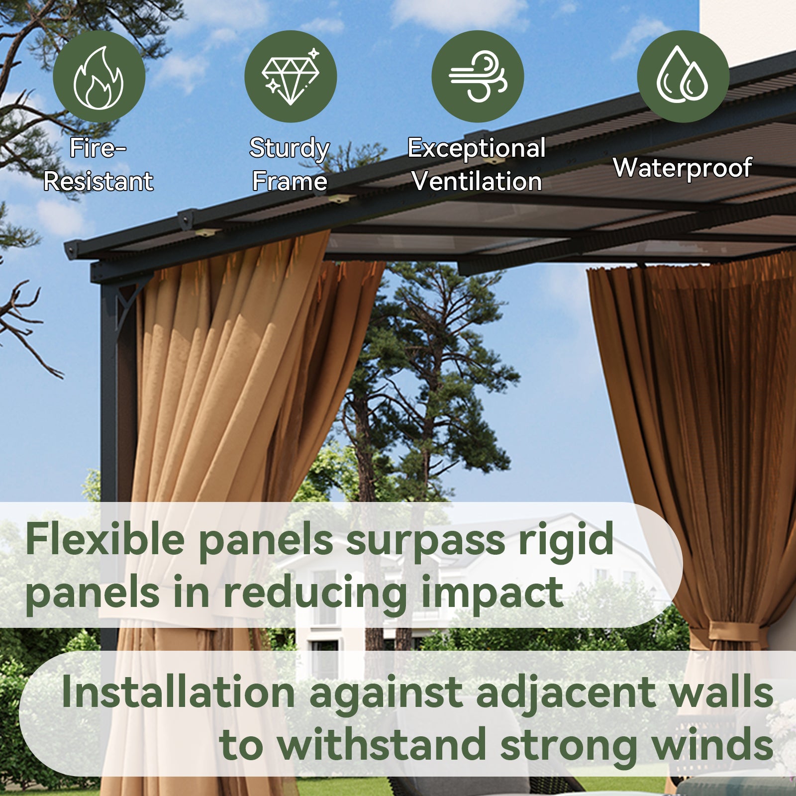 Aoxun 10'x14' Lean to Gazebo with Mosquito Net and Curtains, Aluminum Frame, Polycarbonate Panel, Wall Mounted Pergola with Sloped Roof for Backyard, Porch, Deck