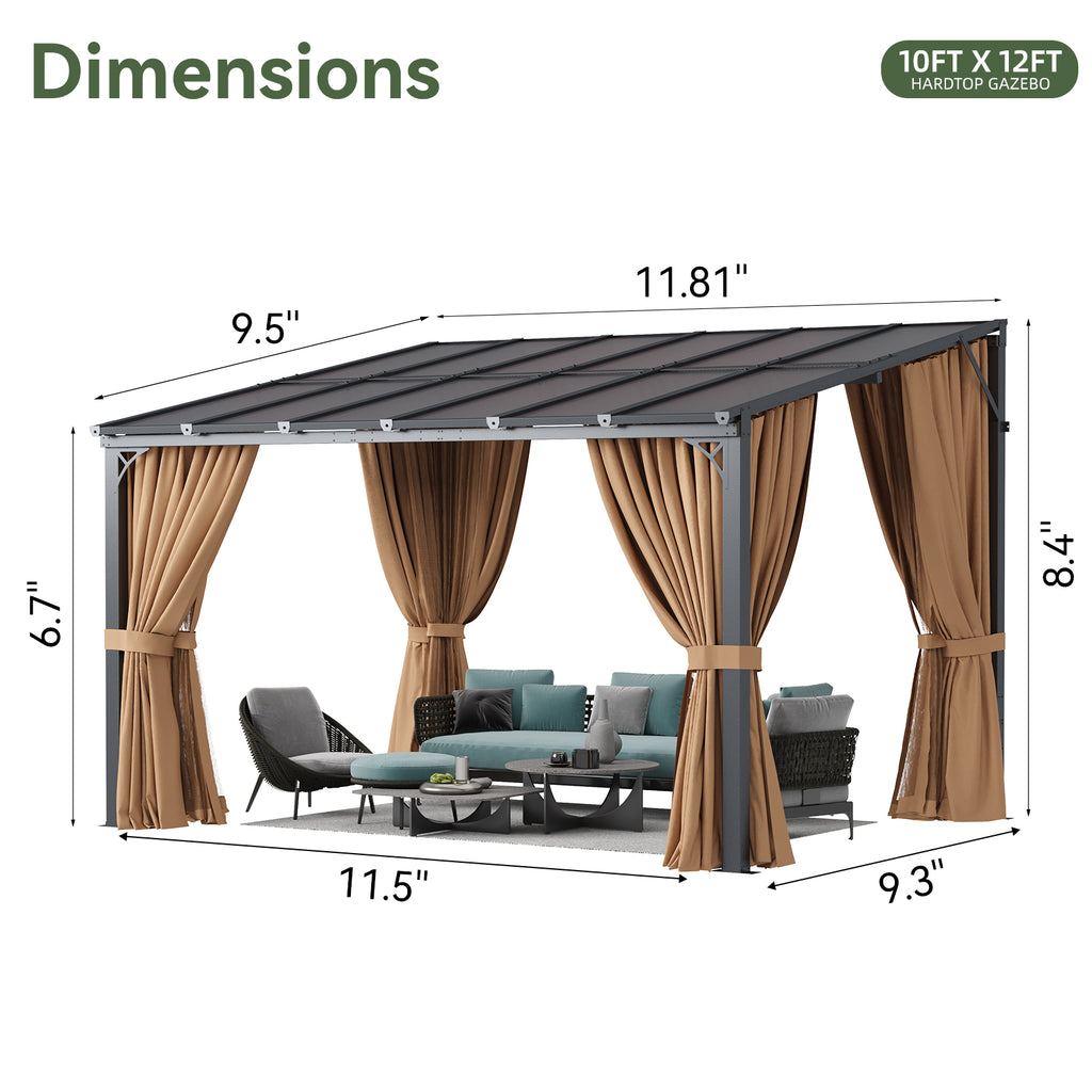 Aoxun 10'x14' Lean to Gazebo with Mosquito Net and Curtains, Aluminum Frame, Polycarbonate Panel, Wall Mounted Pergola with Sloped Roof for Backyard, Porch, Deck