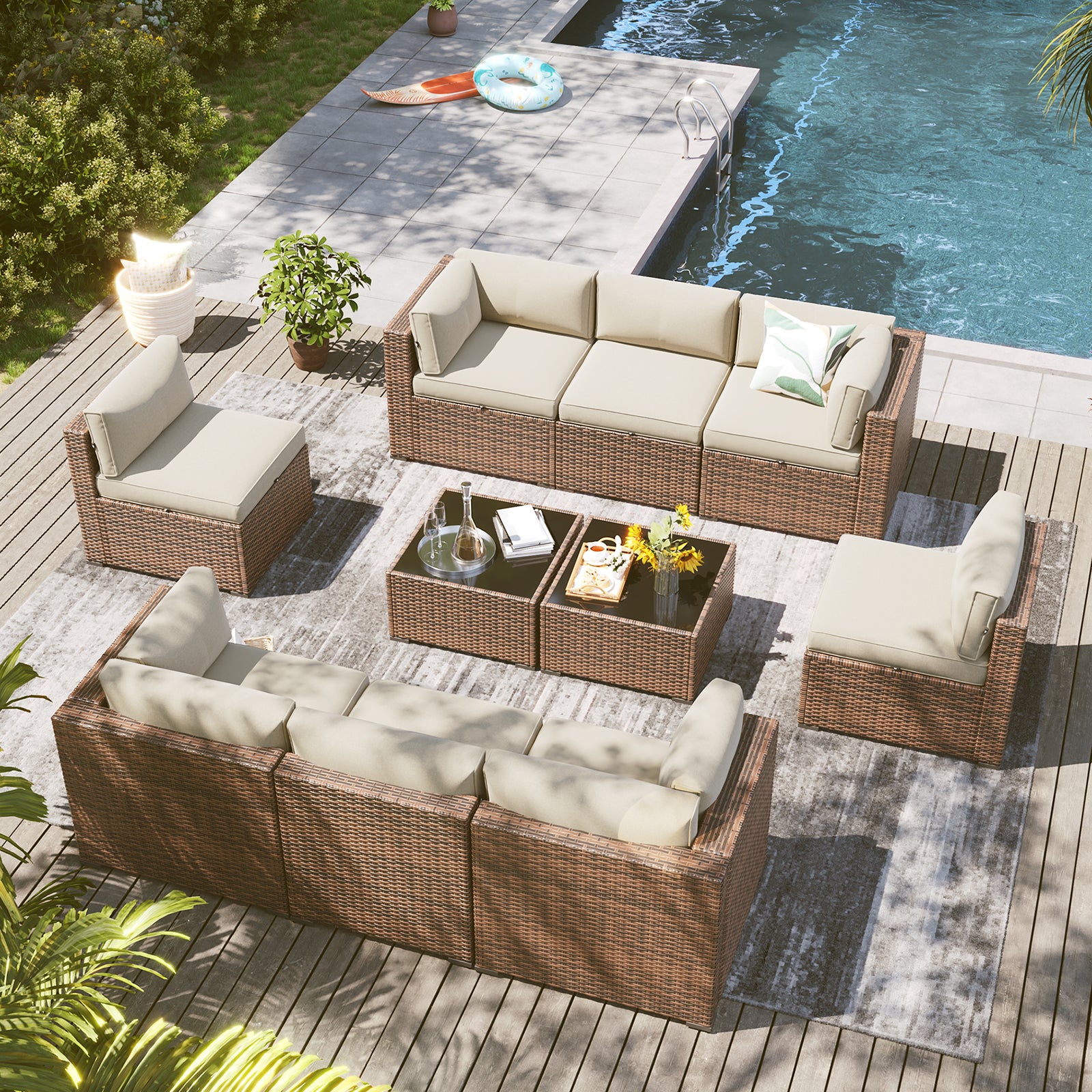 LazySunsets 7 Piece Outdoor Patio Furniture Set with Coffee Table, Outdoor Patio Furniture Sets with Waterproof Cover, Wicker Rattan Outdoor Conversation Set for Backyard & Garden, Beige
