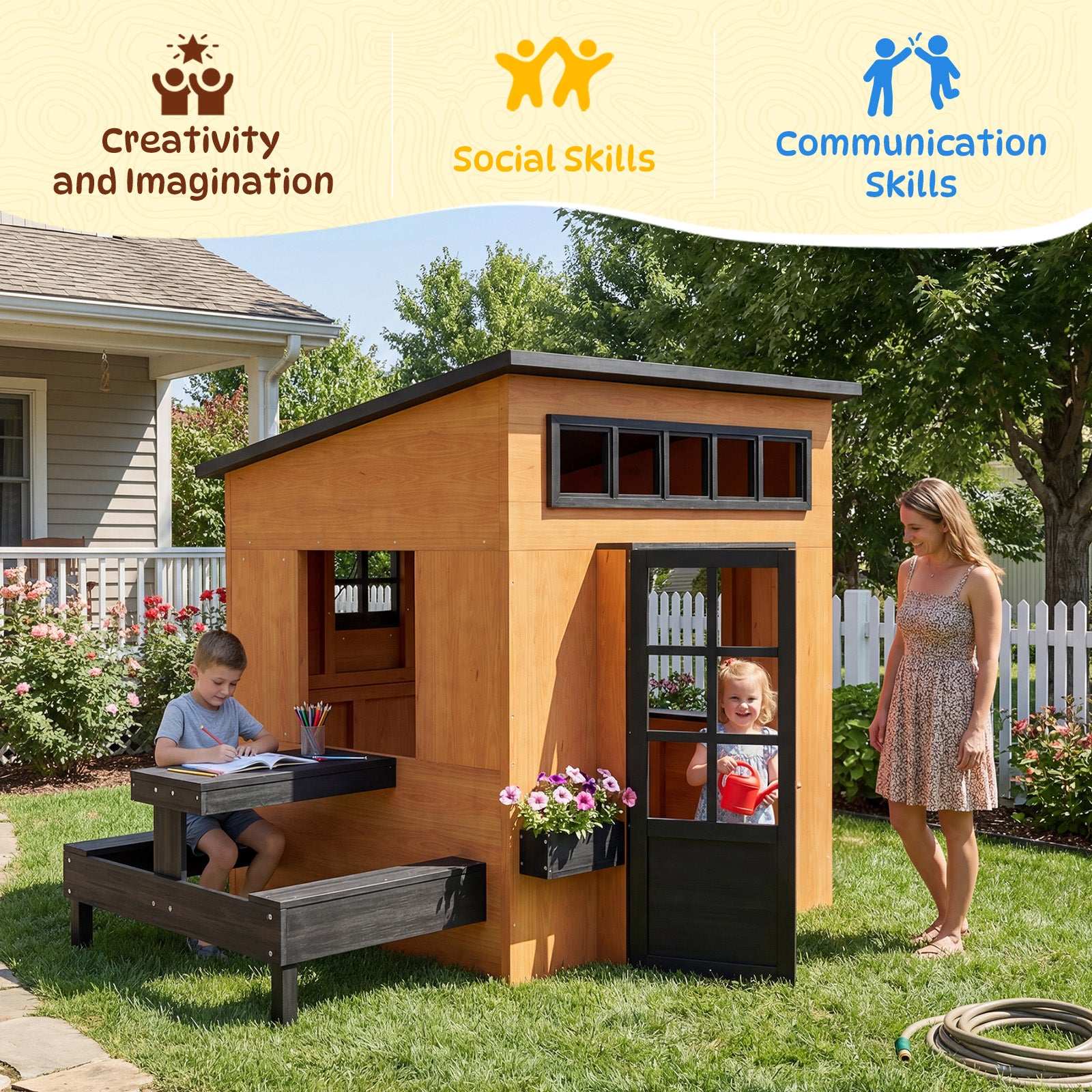 Outdoor Playhouse - Modern Fir Wooden Playhouse for Kids Outdoor with Play Kitchen, Outside Table, Chalkboard, Half Door, Windows, Flower Box, Indoor Outdoor Imaginative Play for Ages 3-8,
