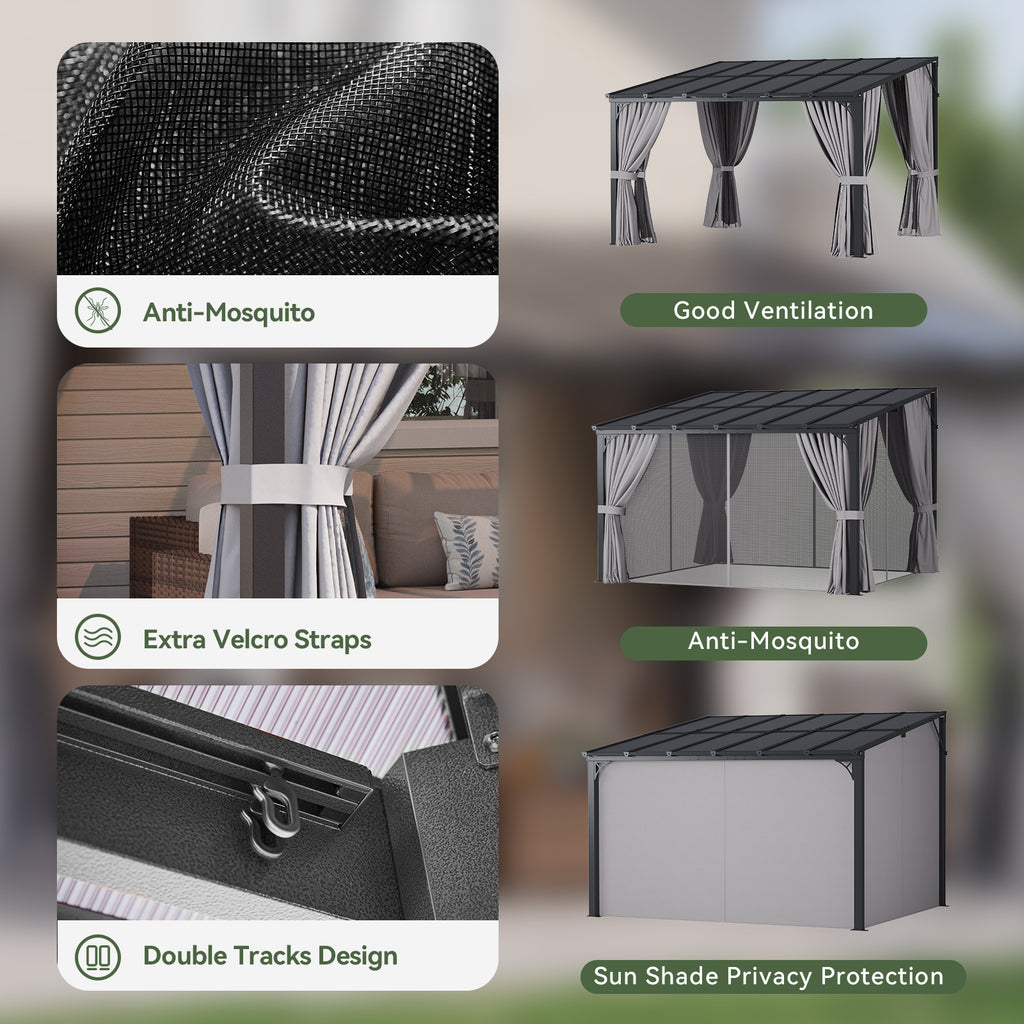 Aoxun 10'x12' Lean to Gazebo with Mosquito Net and Curtains, Aluminum Frame, Polycarbonate Panel, Wall Mounted Pergola with Sloped Roof for Backyard, Porch, Deck, Gray