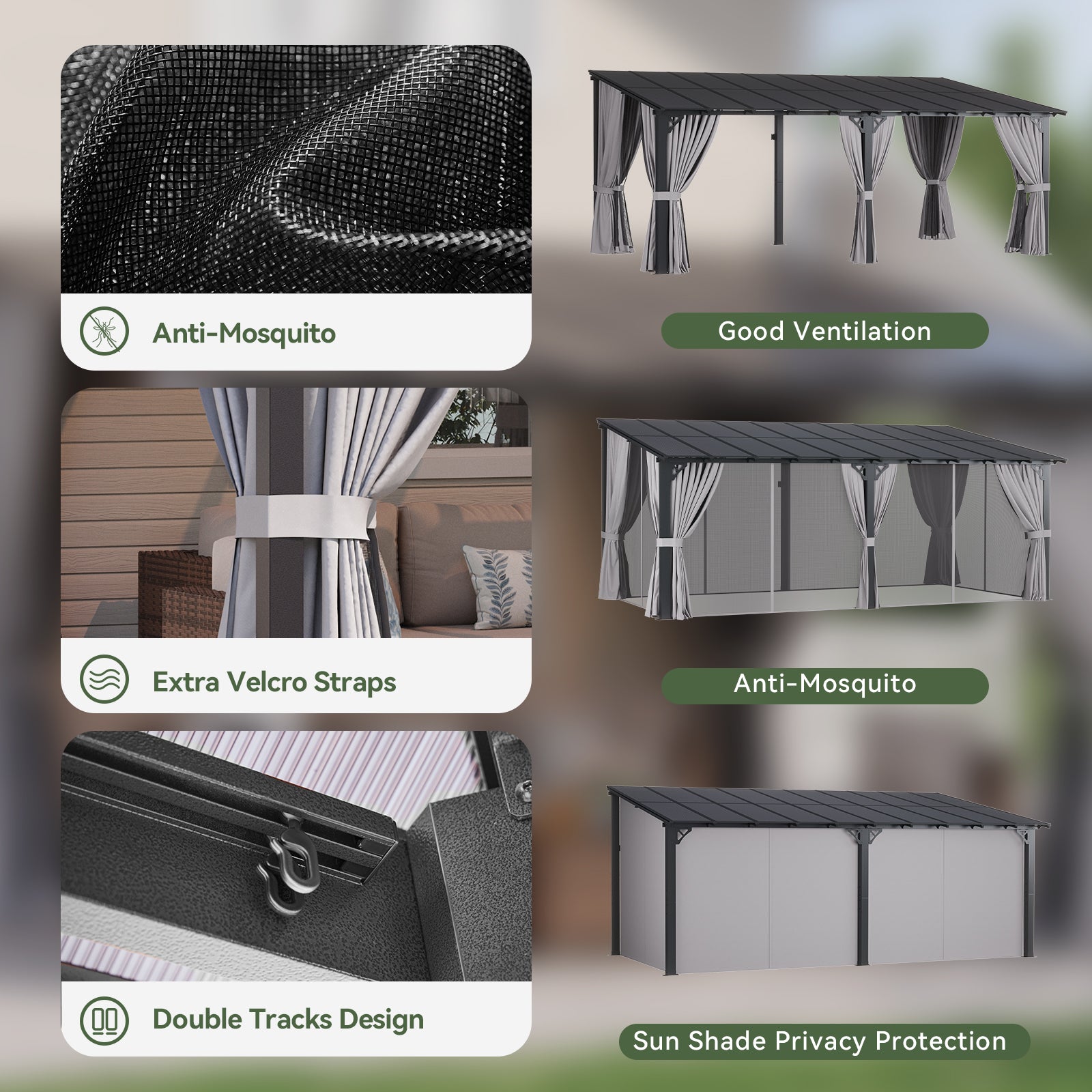 Aoxun 10'x20' Lean to Gazebo with Mosquito Net and Curtains, Aluminum Frame, Polycarbonate Panel, Wall Mounted Pergola with Sloped Roof for Backyard, Porch, Deck, Gray