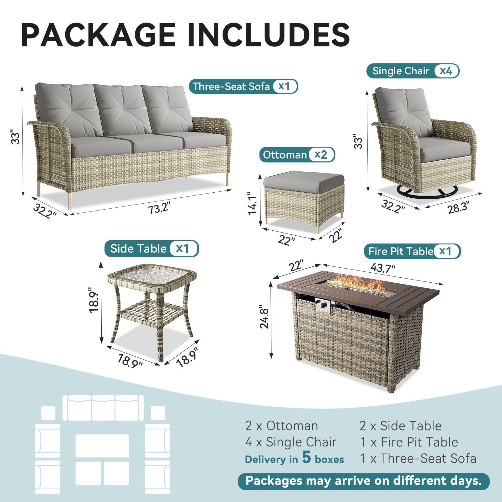 LazySunsets 7 Piece Outdoor Patio Furniture Set with Coffee Table, Wicker Rattan Outdoor Furniture with High Back Swivel Rocker Chairs, Outdoor Conversation Sets with Thick Cushions & Ottoman
