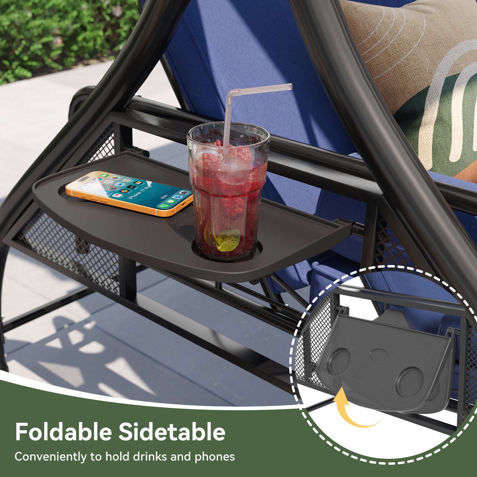 Aoxun Outdoor Porch Swing with Stand and Canopy, 3 Seats Outdoor Swings for Adults, Convertible 2 in 1 Swing Bed with Cup Holder, Patio Swings with Thicken Cushions for Garden, Yard & Balcony