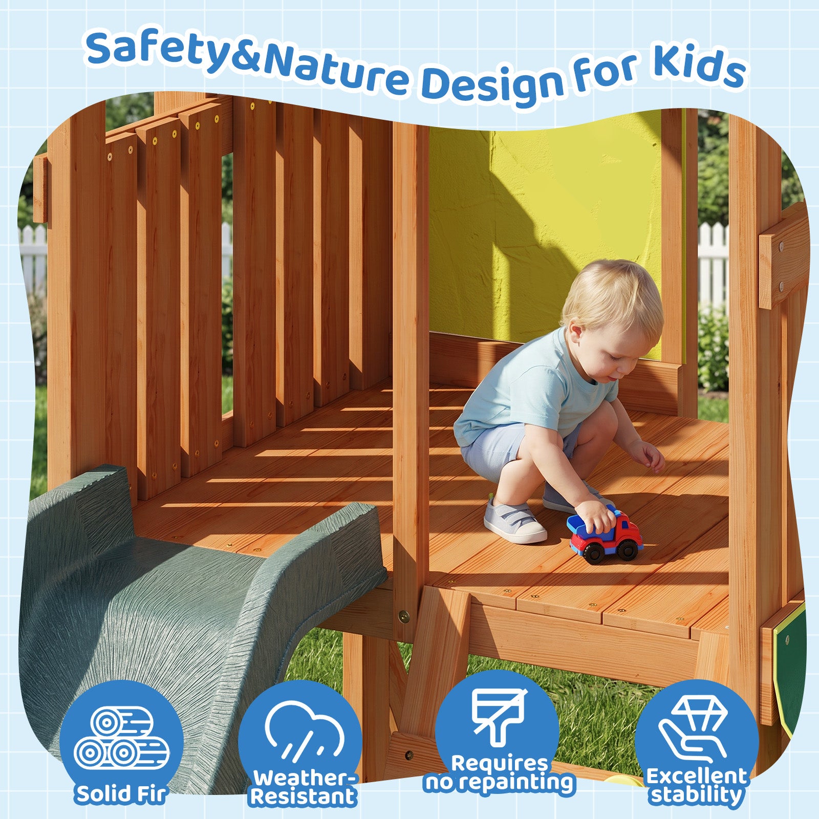 SunSwell Wooden Swing Sets for Backyard - Outdoor Playset with 8 FT Wave Slide, 2 Belt Swings, Play Deck, Monkey Bars, Rock Wall Ladder, Shaded Picnic Area, Snack Bar, Playground Sets,Green