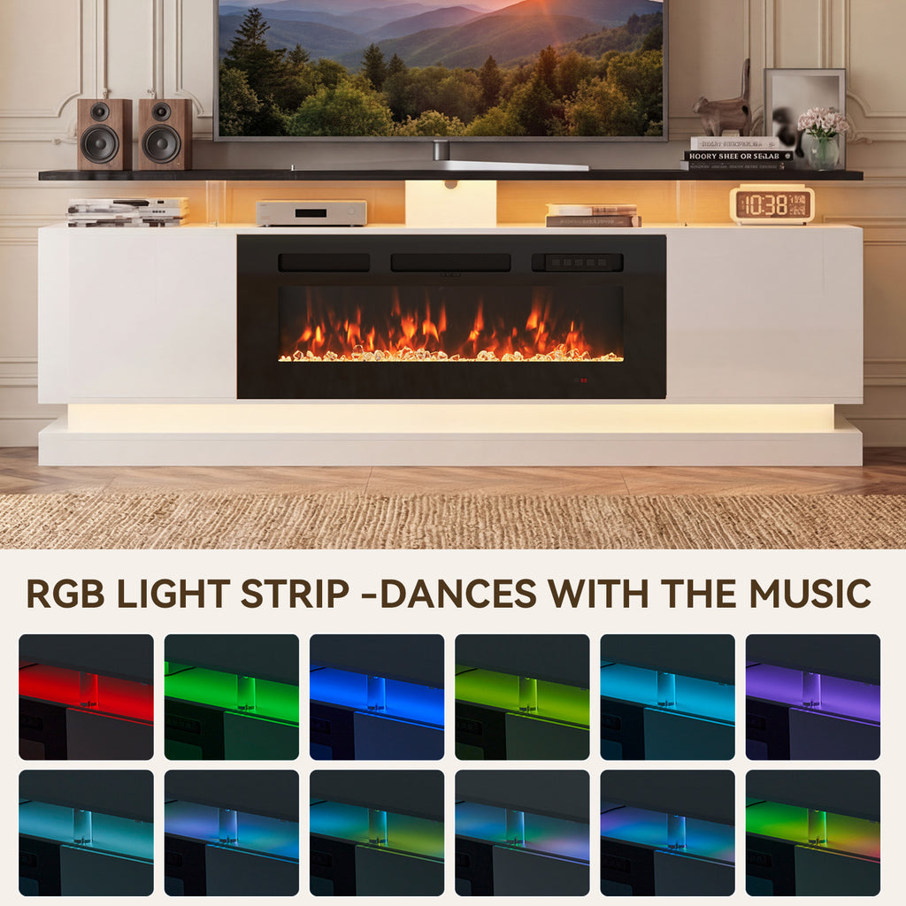 Breezestival 70" Fireplace TV Stand for TVs up to 80", Modern Entertainment Center with Black Fireplace and Storage, White