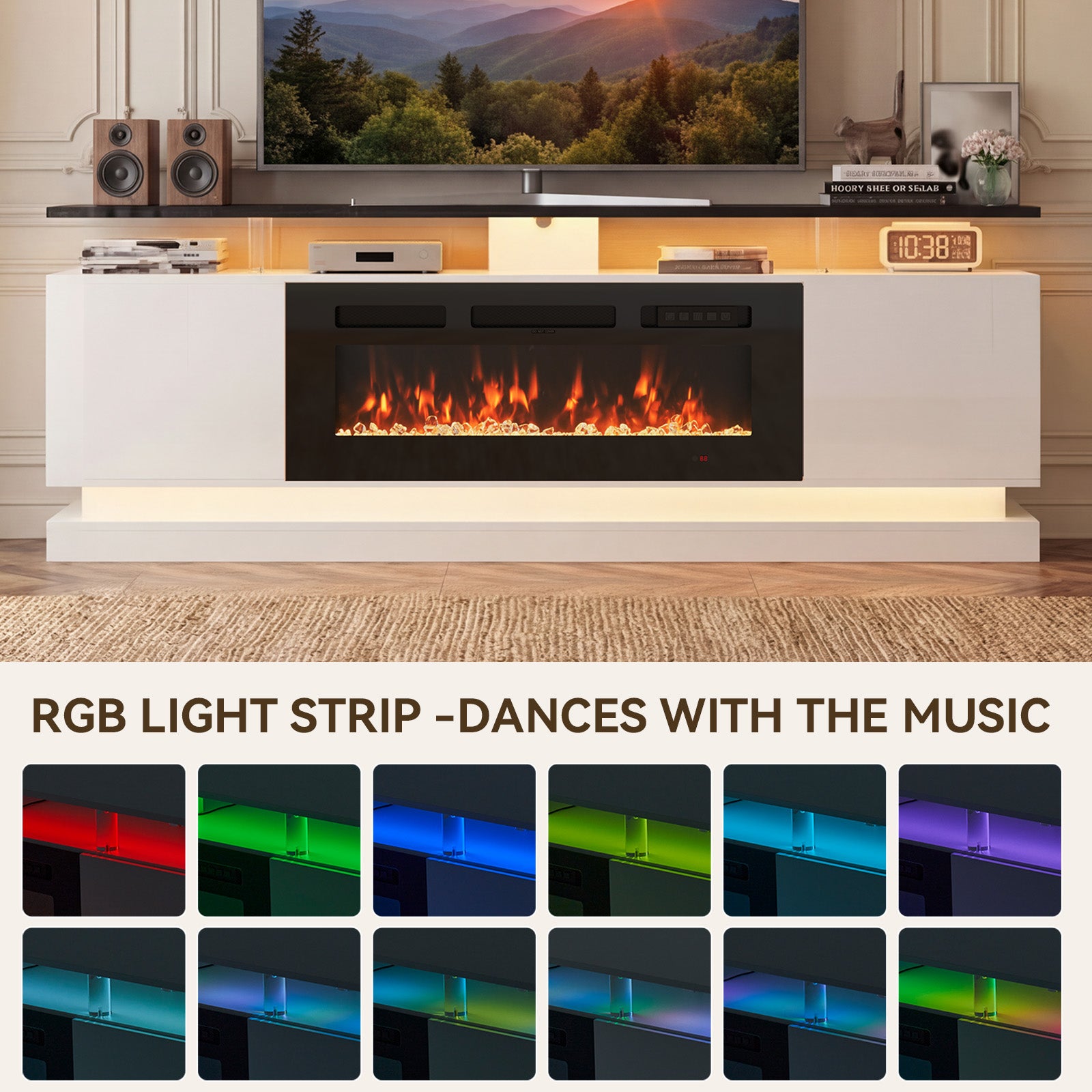 Breezestival 70" Fireplace TV Stand for TVs up to 80", Modern Entertainment Center with Black Fireplace and Storage, White