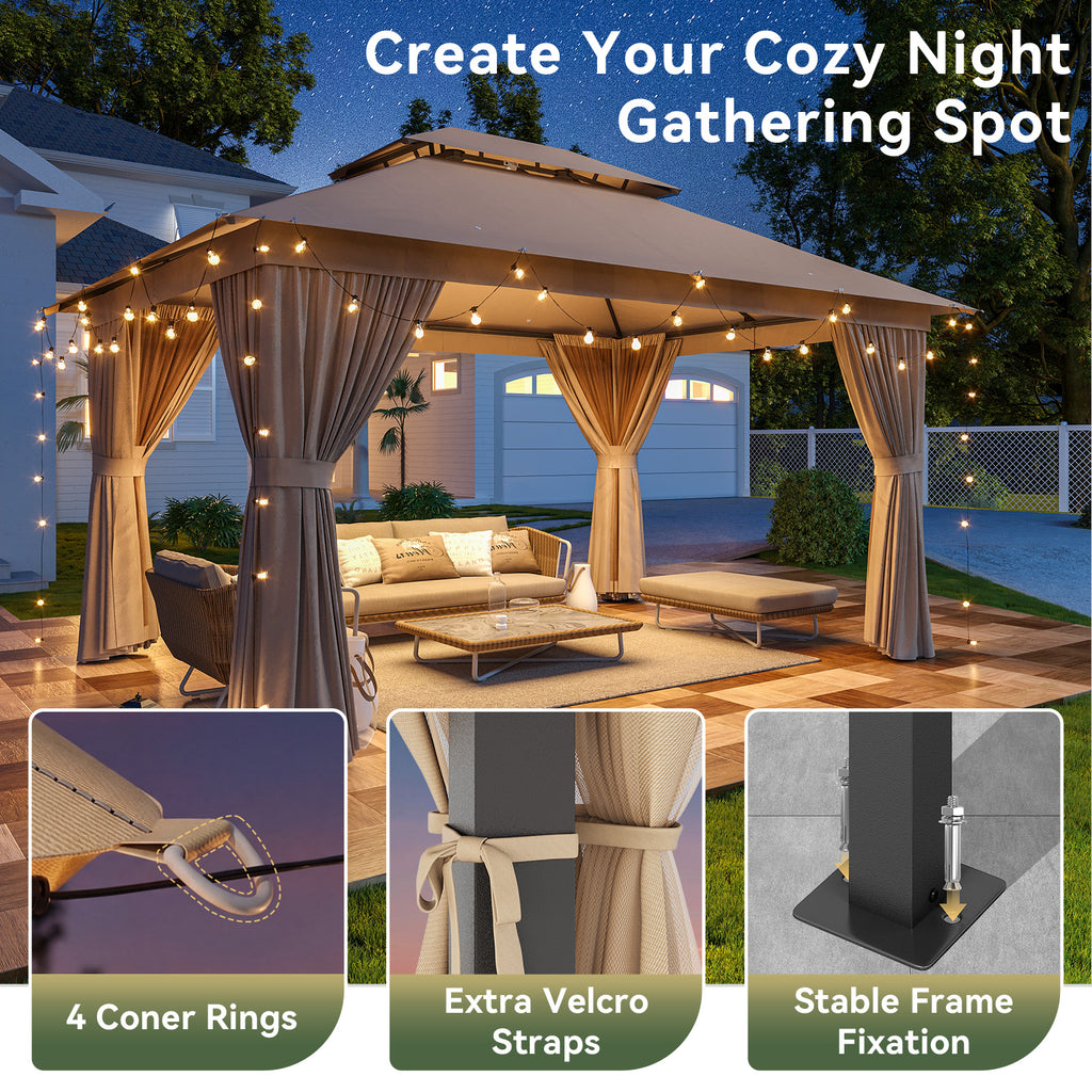 Breezestival 12'x10' Gazebo, Outdoor Gazebo Metal Frame Canopy with Double Roofs, Heavy Duty Patio Tent Shelter with Mosquito Netting and Privacy Screen for Backyard, Beige