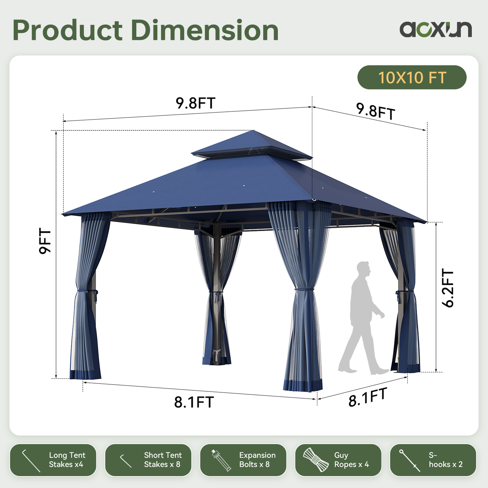 Aoxun 10x10 Gazebo with Double Roof & Mosquito Netting Outdoor Heavy-Duty Party Tent, Patio Tent with Zipper Screens - Backyard Garden Lawn Shelter Includes Wind Ropes Expansion Bolts, Blue