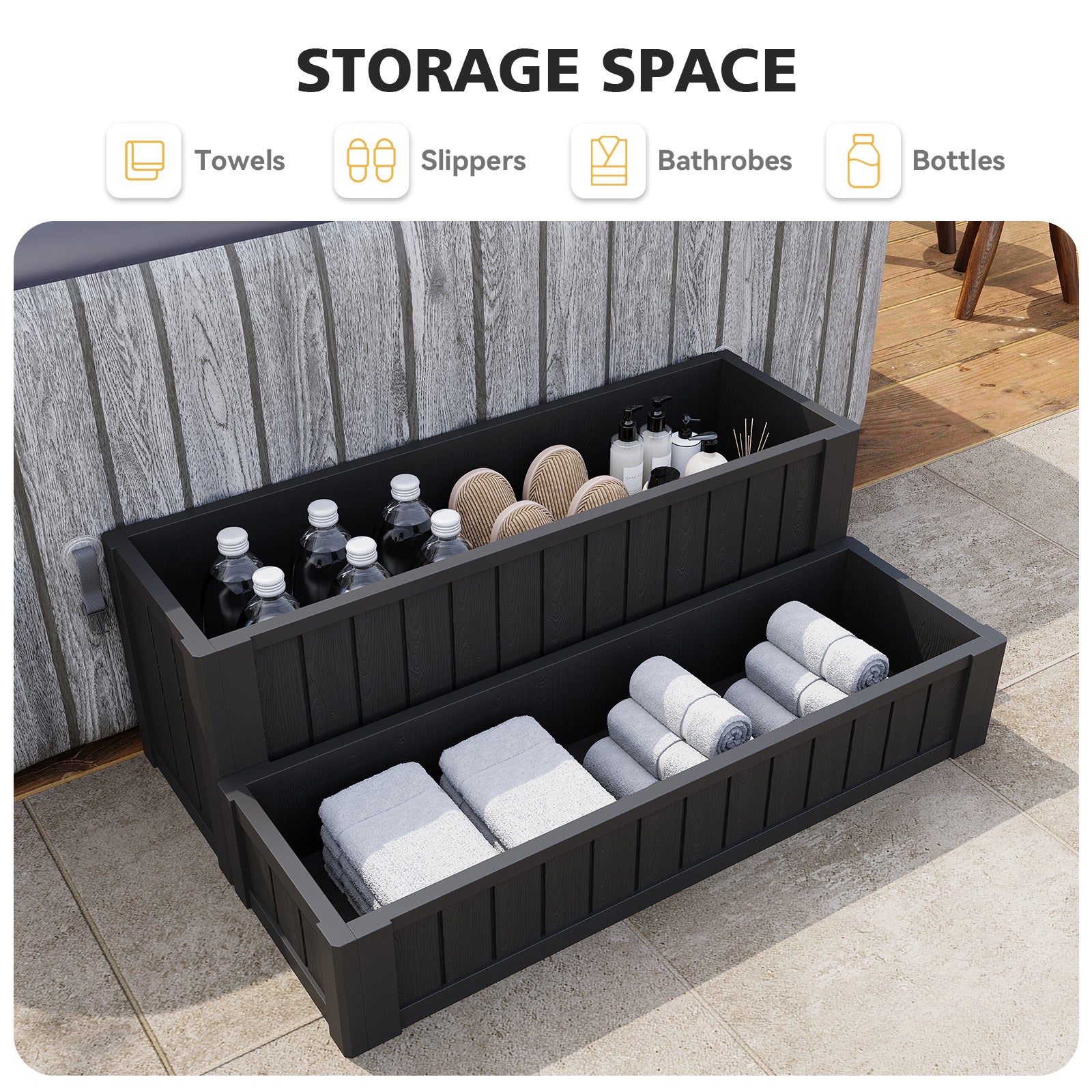 SunSwell Universal Hot Tub Steps Outdoor Spa Stairs with Storage Compartment, Non-Slip Sturdy Waterproof Heavy Duty Porch Step, Wood Looking Indoor Outdoor Use, 600LBS Weight Capacity