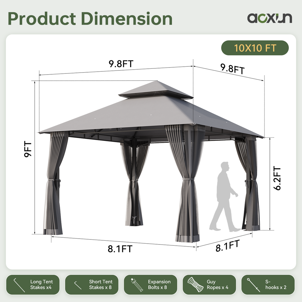Aoxun 10x10 Gazebo with Double Roof & Mosquito Netting Outdoor Heavy-Duty Party Tent, Patio Tent with Zipper Screens - Backyard Garden Lawn Shelter Includes Wind Ropes Expansion Bolts, Gray