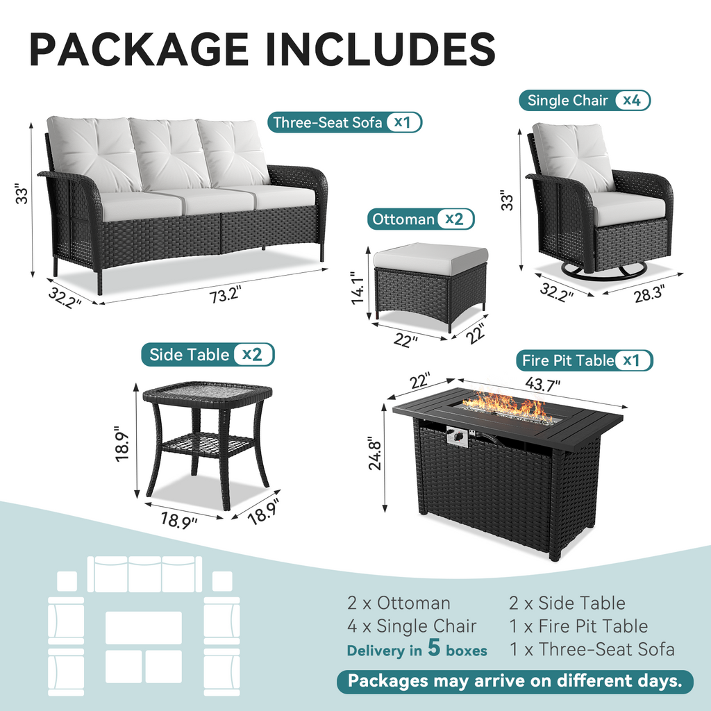 LazySunsets 7 Piece Outdoor Patio Furniture Set with Coffee Table, Wicker Rattan Outdoor Furniture with High Back Swivel Rocker Chairs, Outdoor Conversation Sets with Thick Cushions & Ottoman