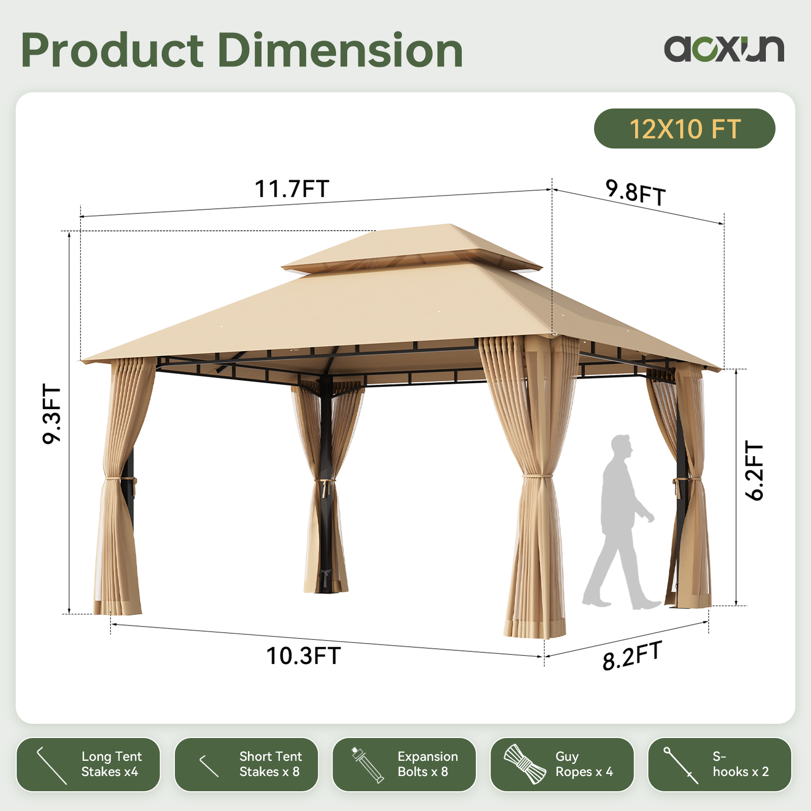Aoxun 12x10 Gazebo with Double Roof & Mosquito Netting Outdoor Heavy-Duty Party Tent, Patio Tent with Zipper Screens - Backyard Garden Lawn Shelter Includes Wind Ropes Expansion Bolts, Gray