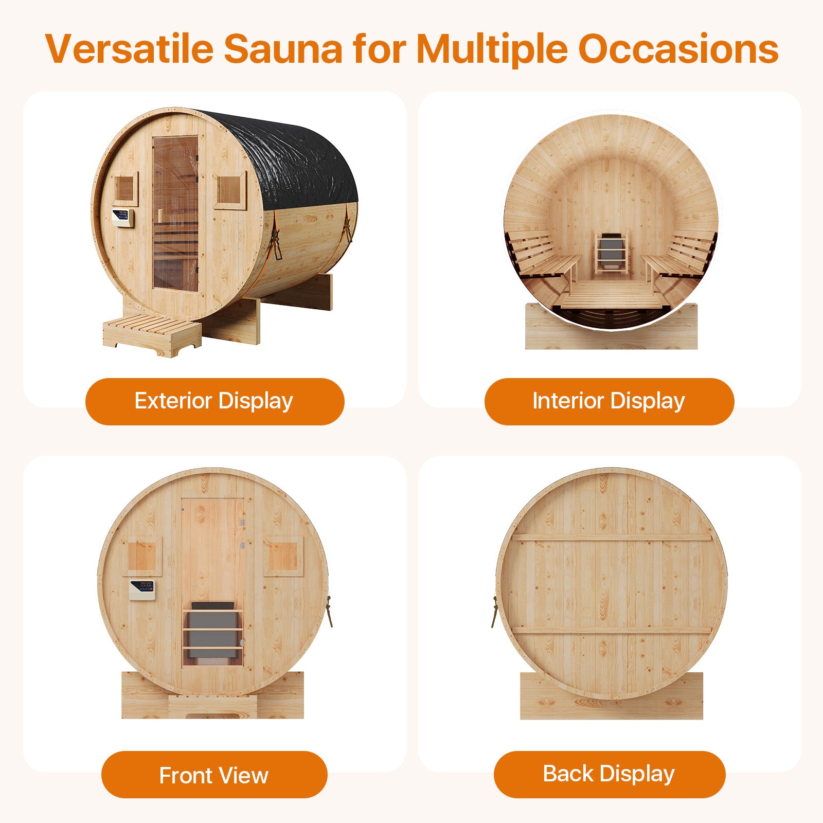 Aoxun Outdoor Barrel Sauna, 4-6 Person Tradition Wood Dry＆Steam Sauna with Sauna Stone, 220V/6KW Electric Heater