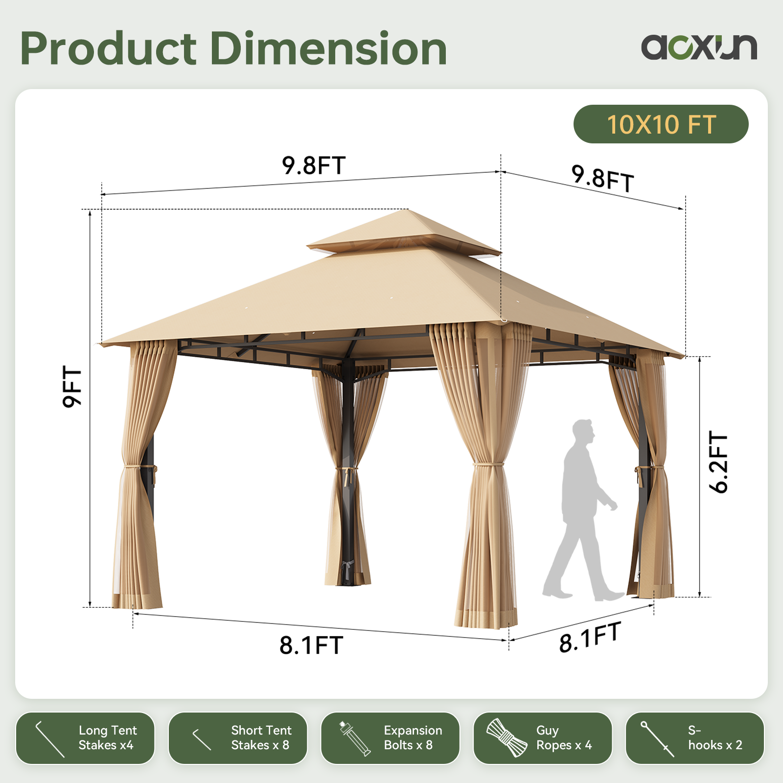 Aoxun 10x10 Gazebo with Double Roof & Mosquito Netting Outdoor Heavy-Duty Party Tent, Patio Tent with Zipper Screens - Backyard Garden Lawn Shelter Includes Wind Ropes Expansion Bolts, Beige