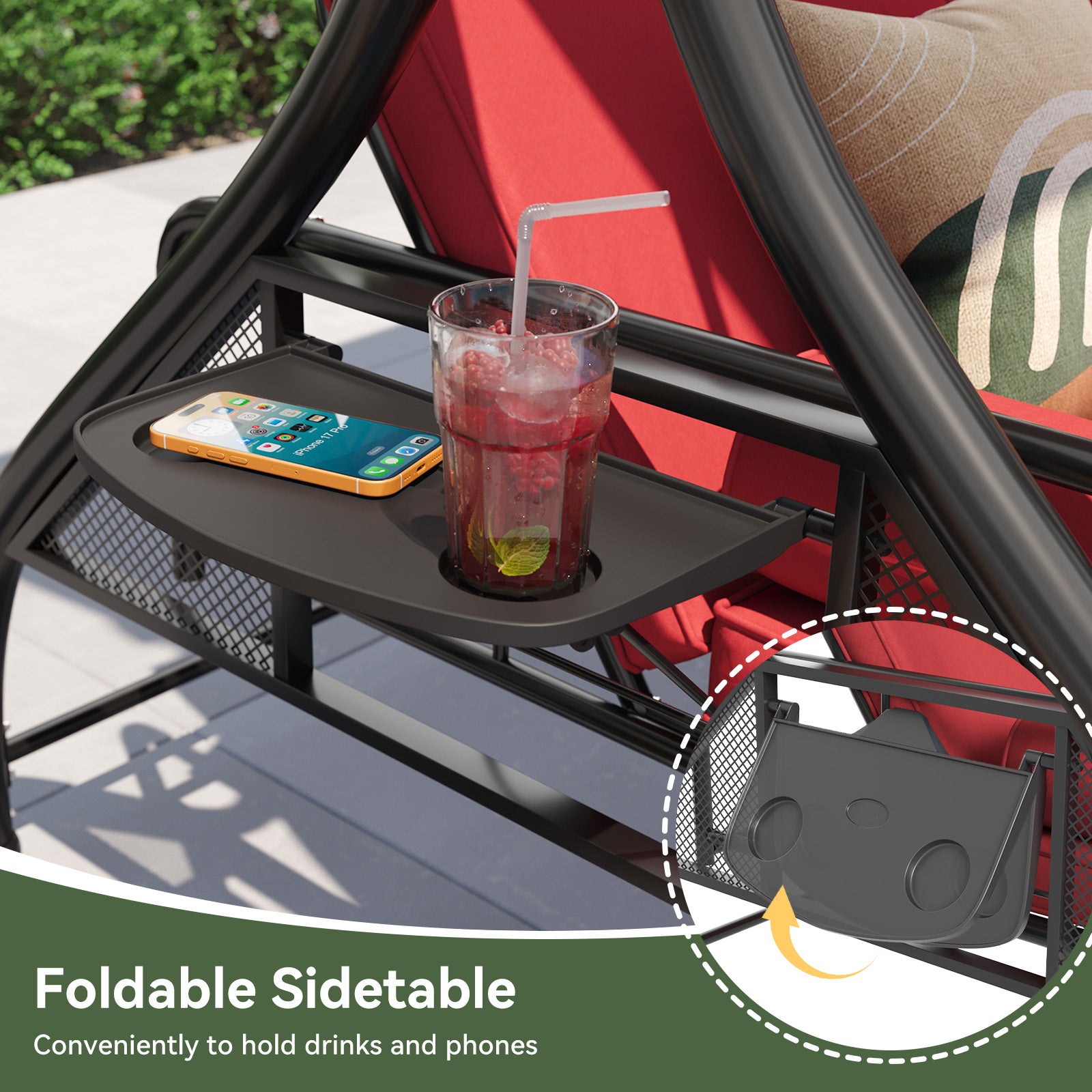 Aoxun Outdoor Porch Swing with Stand and Canopy, 3 Seats Outdoor Swings for Adults, Convertible 2 in 1 Swing Bed with Cup Holder, Patio Swings with Thicken Cushions for Garden, Yard & Balcony