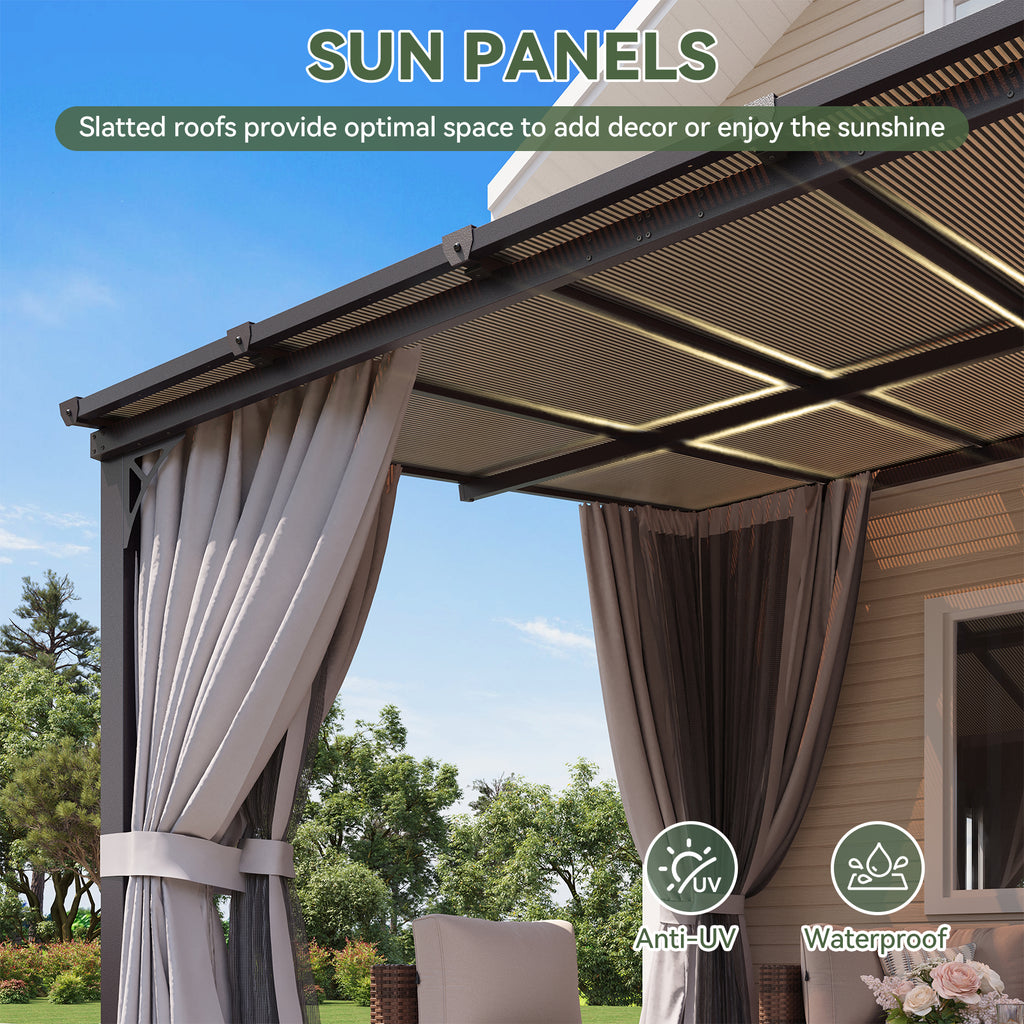 Aoxun 10'x20' Lean to Gazebo with Mosquito Net and Curtains, Aluminum Frame, Polycarbonate Panel, Wall Mounted Pergola with Sloped Roof for Backyard, Porch, Deck, Gray