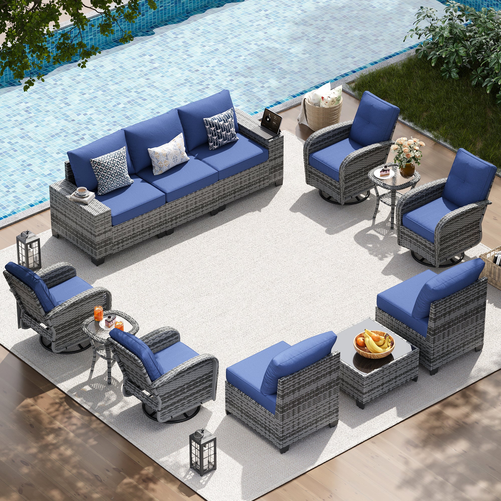 LazySunsets Patio Furniture Set, Outdoor Sectional All-Weather Wicker Conversation Set with Swivel Rocker Chairs, 4'' Thick Cushions for Backyard Poolside