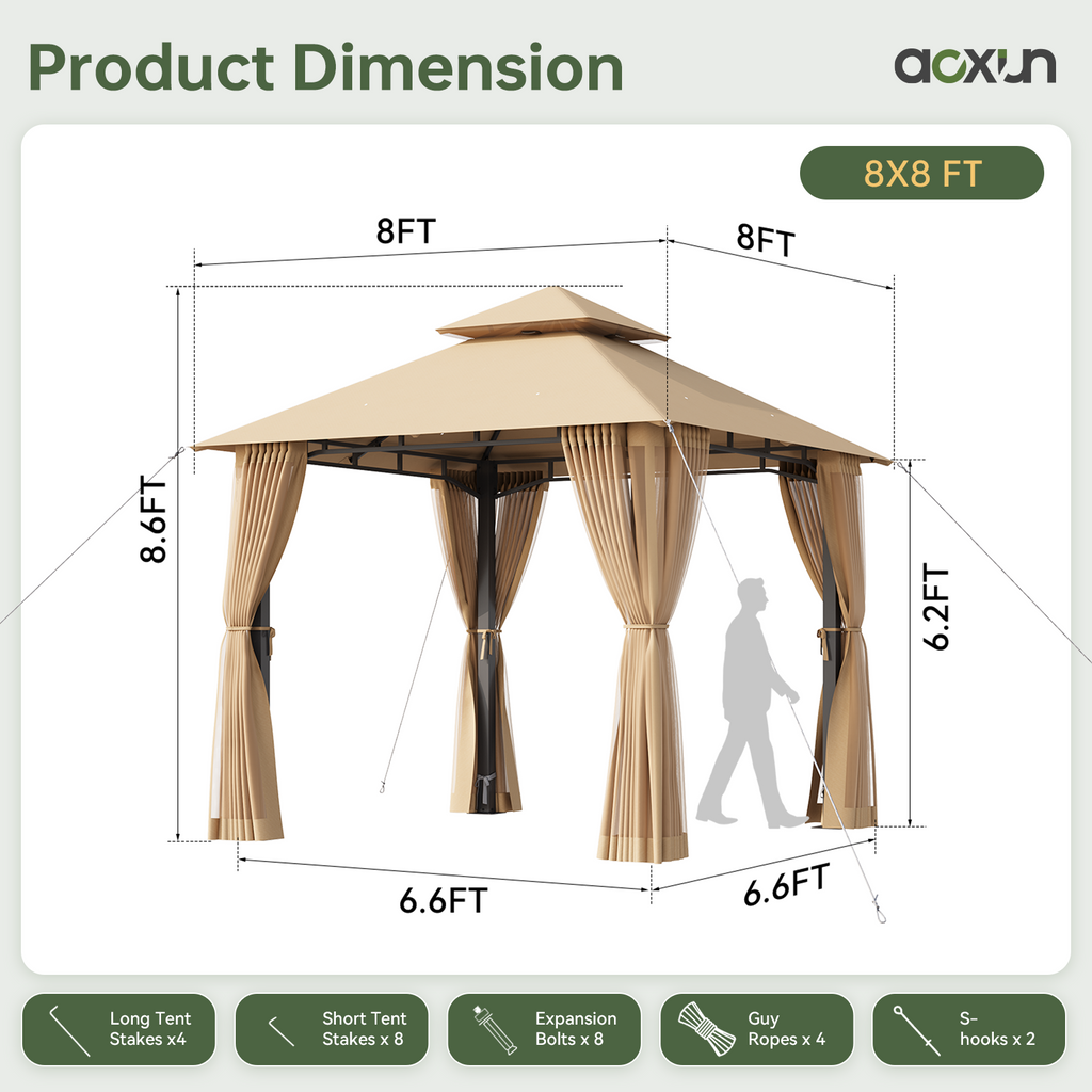 Aoxun 12x10 Gazebo with Double Roof & Mosquito Netting Outdoor Heavy-Duty Party Tent, Patio Tent with Zipper Screens - Backyard Garden Lawn Shelter Includes Wind Ropes Expansion Bolts, Gray