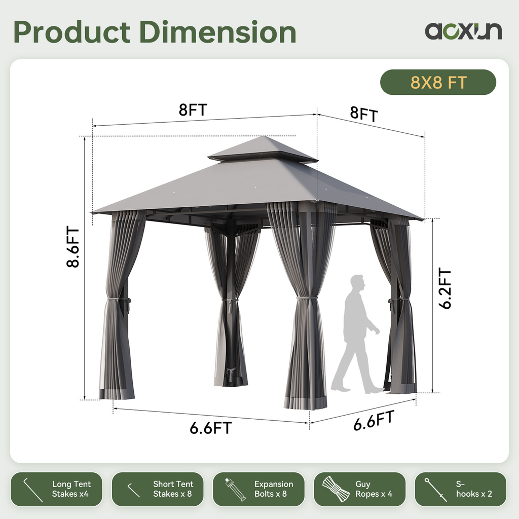 Aoxun 8x8 Gazebo with Double Roof & Mosquito Netting Outdoor Heavy-Duty Party Tent, Patio Tent with Zipper Screens - Backyard Garden Lawn Shelter Includes Wind Ropes Expansion Bolts, Gray