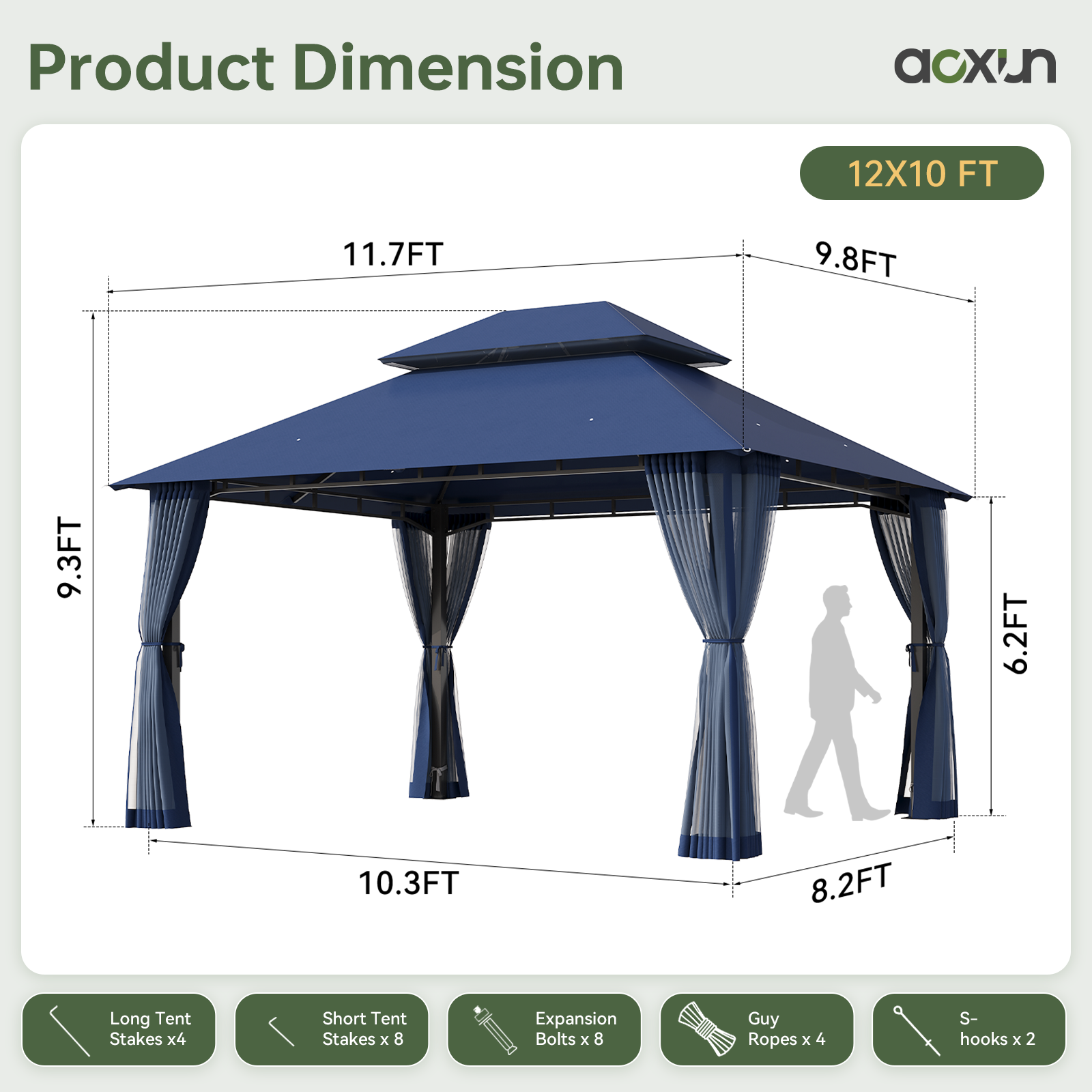 Aoxun 12x10 Gazebo with Double Roof & Mosquito Netting Outdoor Heavy-Duty Party Tent, Patio Tent with Zipper Screens - Backyard Garden Lawn Shelter Includes Wind Ropes Expansion Bolts, Gray