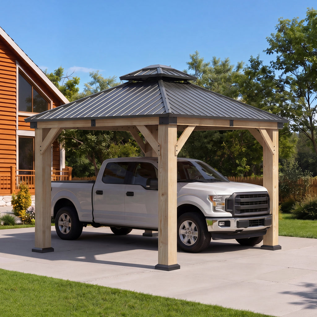 Aoxun 10x10 FT Cedar Wood Carport, Double Galvanized Steel Roof + Outlet, Outdoor Hardtop Gazeboo | 4.7" x 4.7" Thickened Posts | Cedar Wood | Sturdy Hooks | Sturdy Shelter for Car