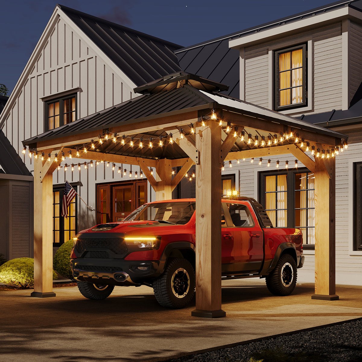 Aoxun 10x10 FT Cedar Wood Carport, Double Galvanized Steel Roof + Outlet, Outdoor Hardtop Gazeboo | 4.7" x 4.7" Thickened Posts | Cedar Wood | Sturdy Hooks | Sturdy Shelter for Car