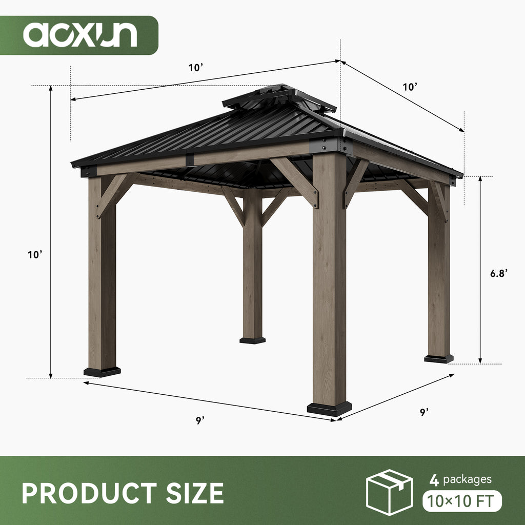 Aoxun 10x10 FT Cedar Wood Carport, Double Galvanized Steel Roof + Outlet, Outdoor Hardtop Gazeboo | 4.7" x 4.7" Thickened Posts | Cedar Wood | Sturdy Hooks | Sturdy Shelter for Car