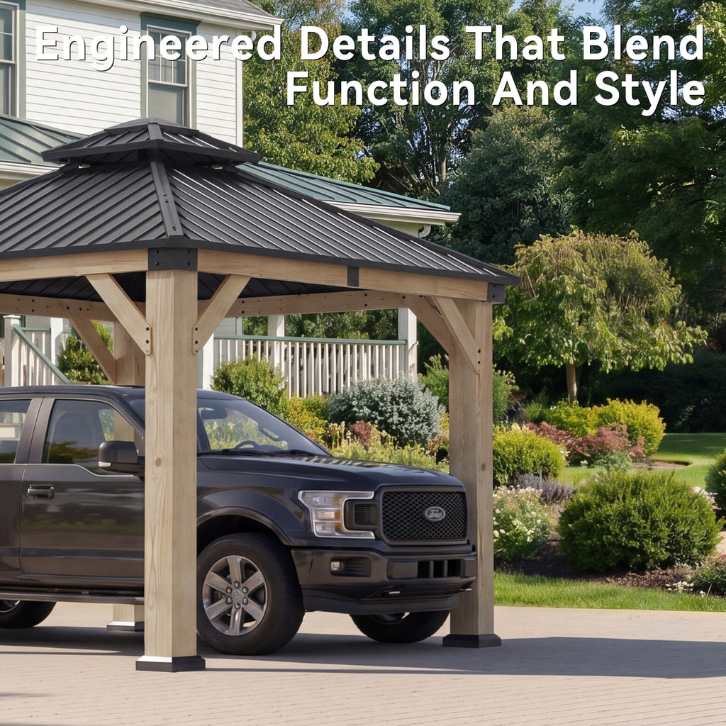 Aoxun 10x10 FT Cedar Wood Carport, Double Galvanized Steel Roof + Outlet, Outdoor Hardtop Gazeboo | 4.7" x 4.7" Thickened Posts | Cedar Wood | Sturdy Hooks | Sturdy Shelter for Car