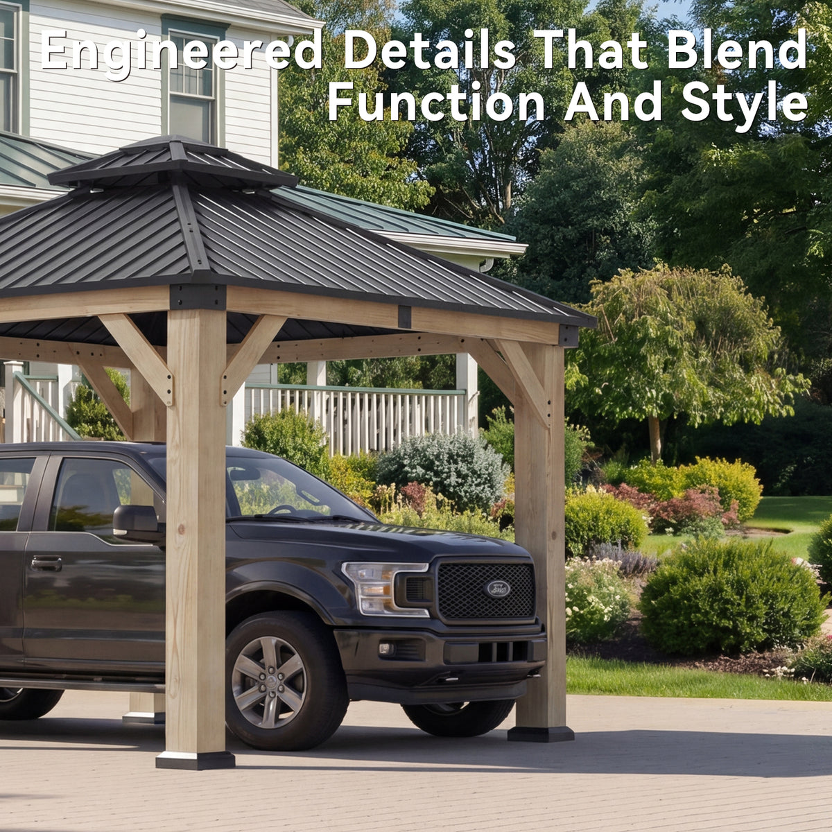 Aoxun 10x10 FT Cedar Wood Carport, Double Galvanized Steel Roof + Outlet, Outdoor Hardtop Gazeboo | 4.7" x 4.7" Thickened Posts | Cedar Wood | Sturdy Hooks | Sturdy Shelter for Car