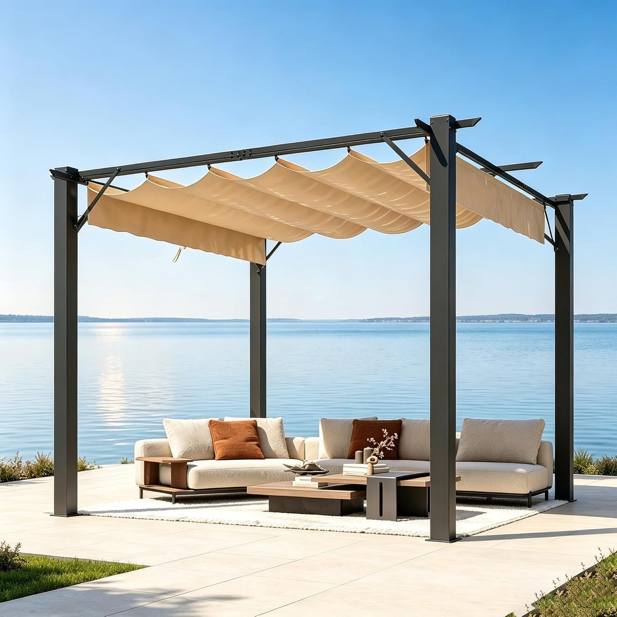Aoxun 10x12 Outdoor Retractable Pergola with Upgraded Adjustable Canopy Sliding Canopy | Powder-Coated Metal Frame | UV/Water-Resistant PA Canopy | Free-Standing Design | Brown