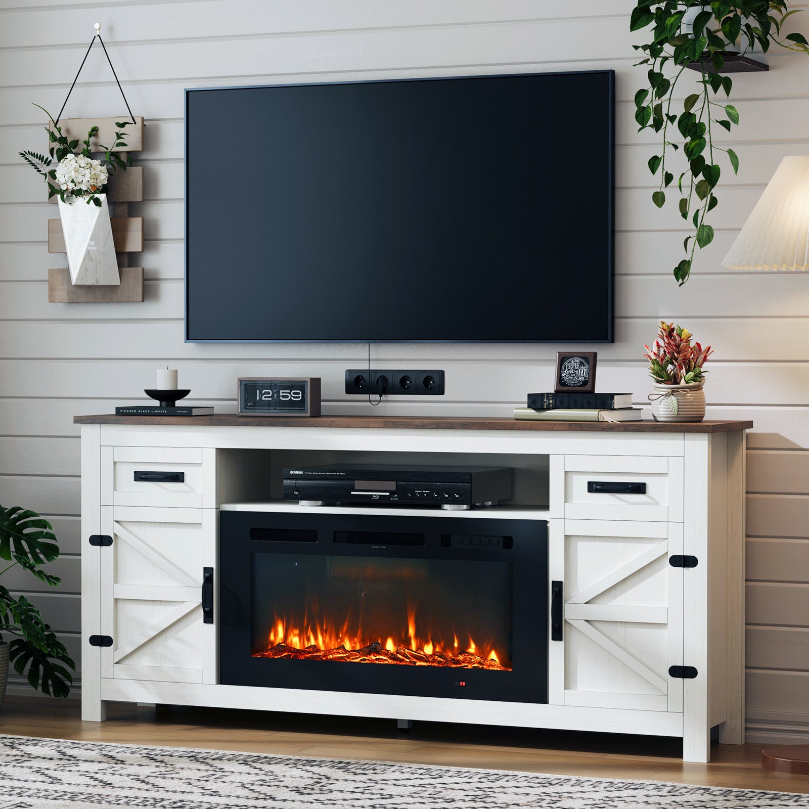 Nordivale Fireplace TV Stand with Barn Door for TVs up to 80", Farmhouse 70" Fireplace Entertainment Center with Storage Cabinets, White & Black