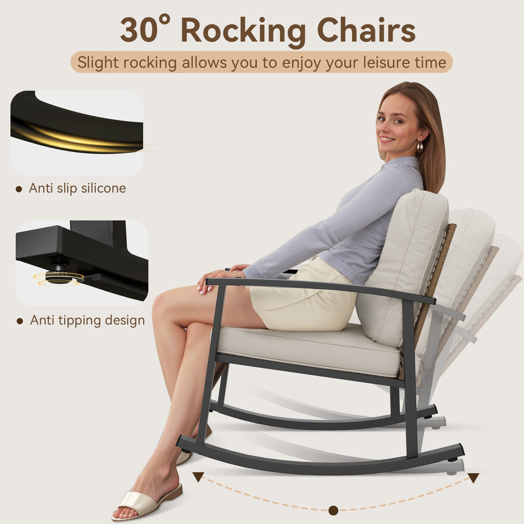 Aoxun 3 Piece Outdoor Rocking Chairs Bistro Set, Rattan Patio Furniture with Thick Cushions & 2-Tier Coffee Table, Patio Rocking Chairs Set of 2 for Garden, Porch