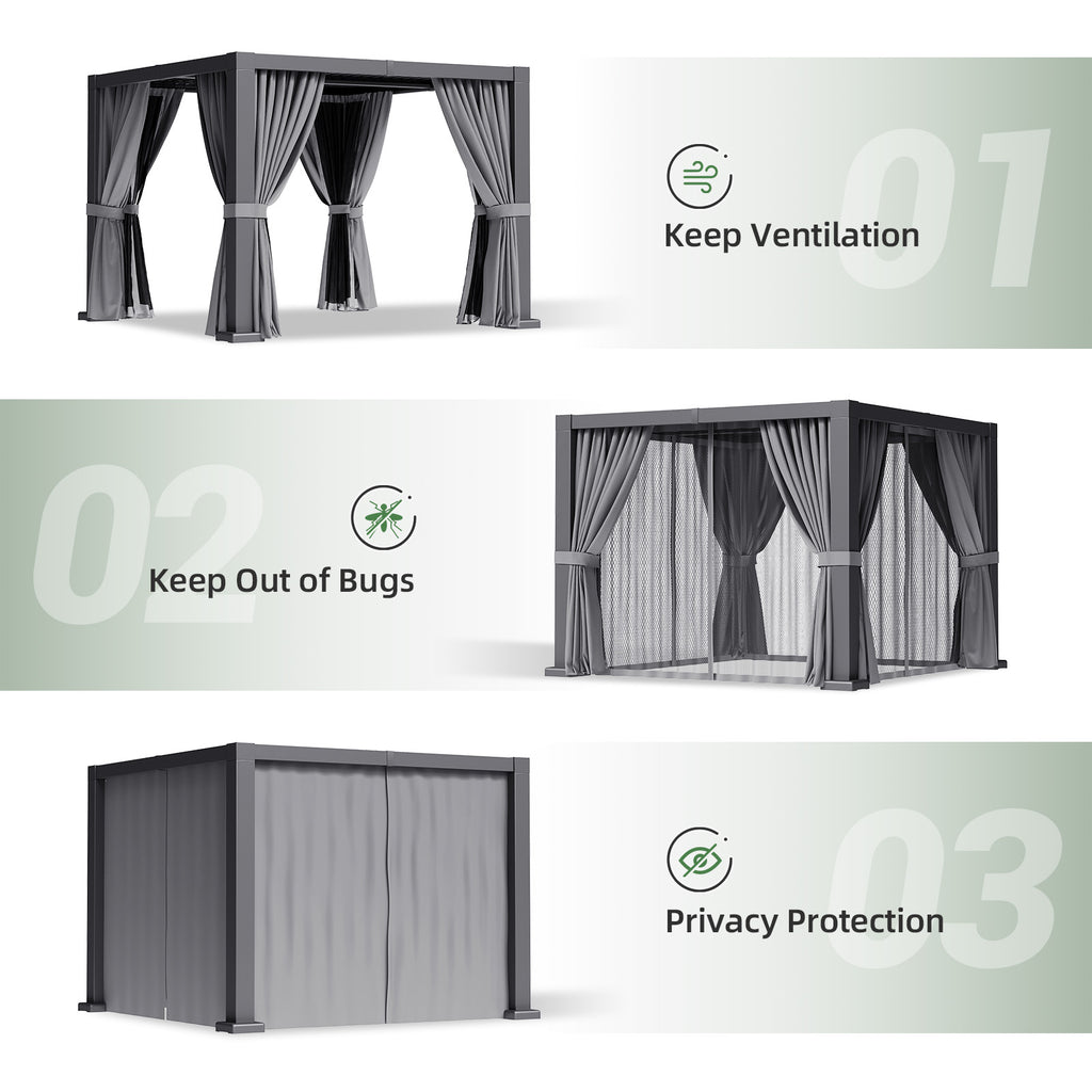 Aoxun Louvered Pergola 10x10 All-Aluminum, Power Outlet, Curtains & Netting Outdoor Gazebo with 2 Independent Adjustable Roofs, Integrated Drainage System for Patios, Deck & Backyard
